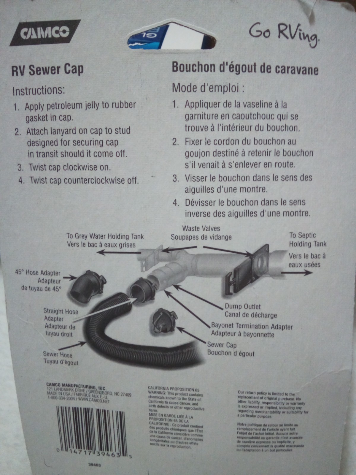 Camco RV Sewer Cap With Hose Connection-New