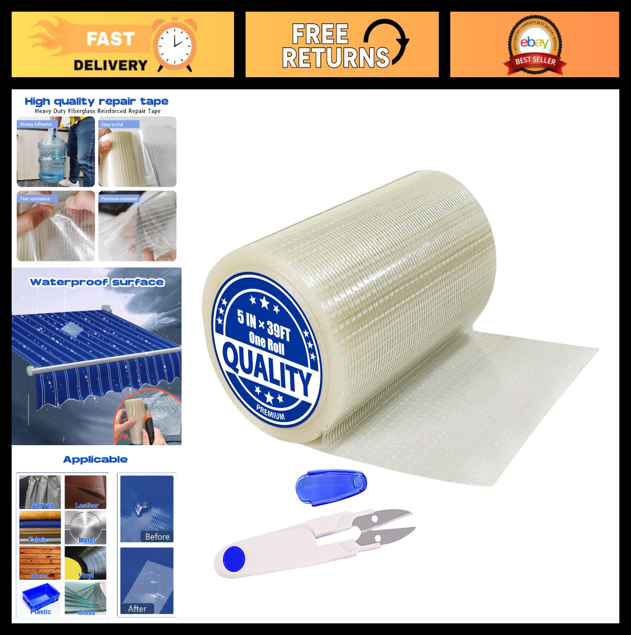 Heavy Duty Waterproof RV Awning Repair Tape Kit – 5″ x 39FT Tear Patch for Tarp,