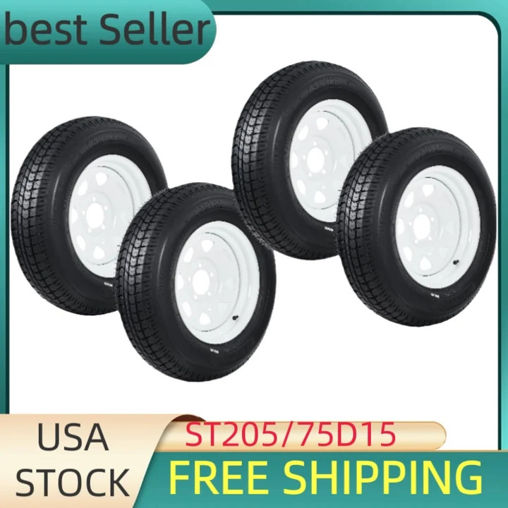 SET 4 ST205/75D15 Trailer Tire 5-Lug White Rim 15″ 1820LBs Capacity Replacement