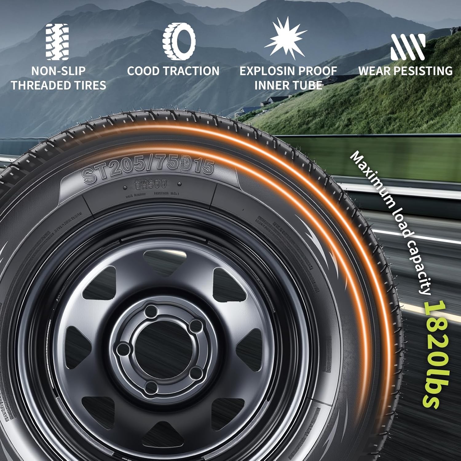 2PCS ST205/75D15 Trailer Tires & Rims 5 Lug on 4.5″ Black Spoke Wheels 205 75 15