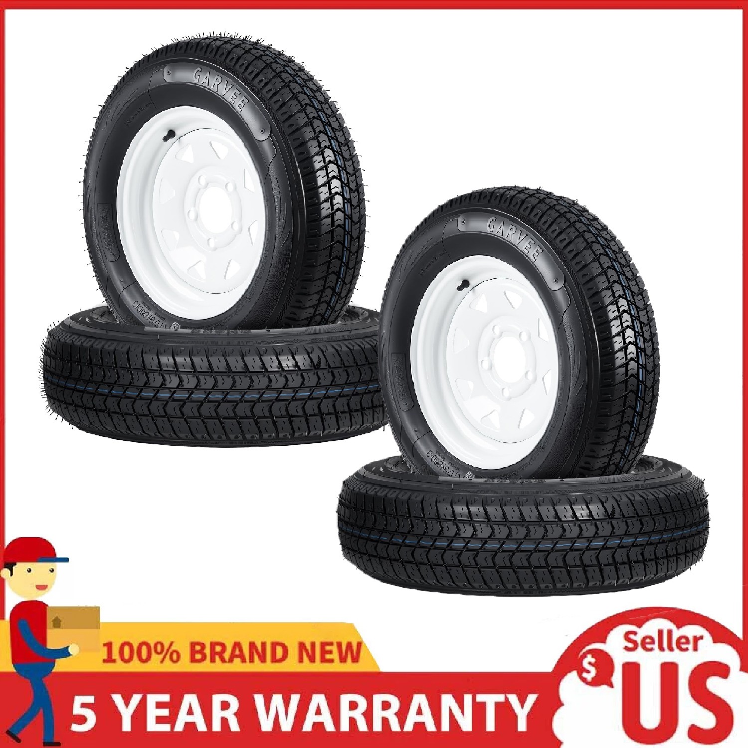 4PCS Trailer Tires ST175/80D13 6PR 5 Lug 4.5″ ,13″ Rims White Wheel Load Range C