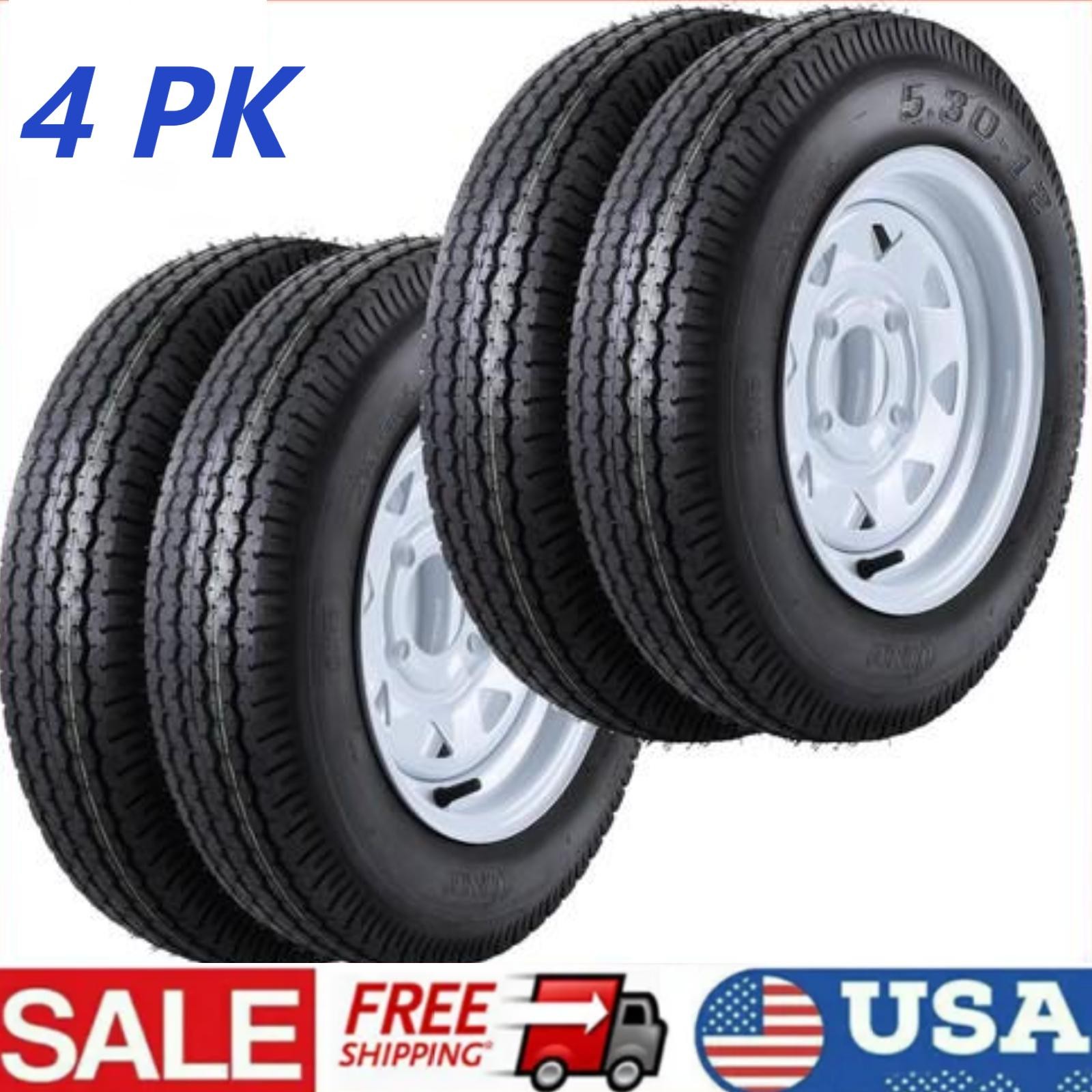 🔥4 Pack Trailer Tires w/ 12” Rims 5.30-12 5.30×12 Tire 4 Lug on 4” Load Range