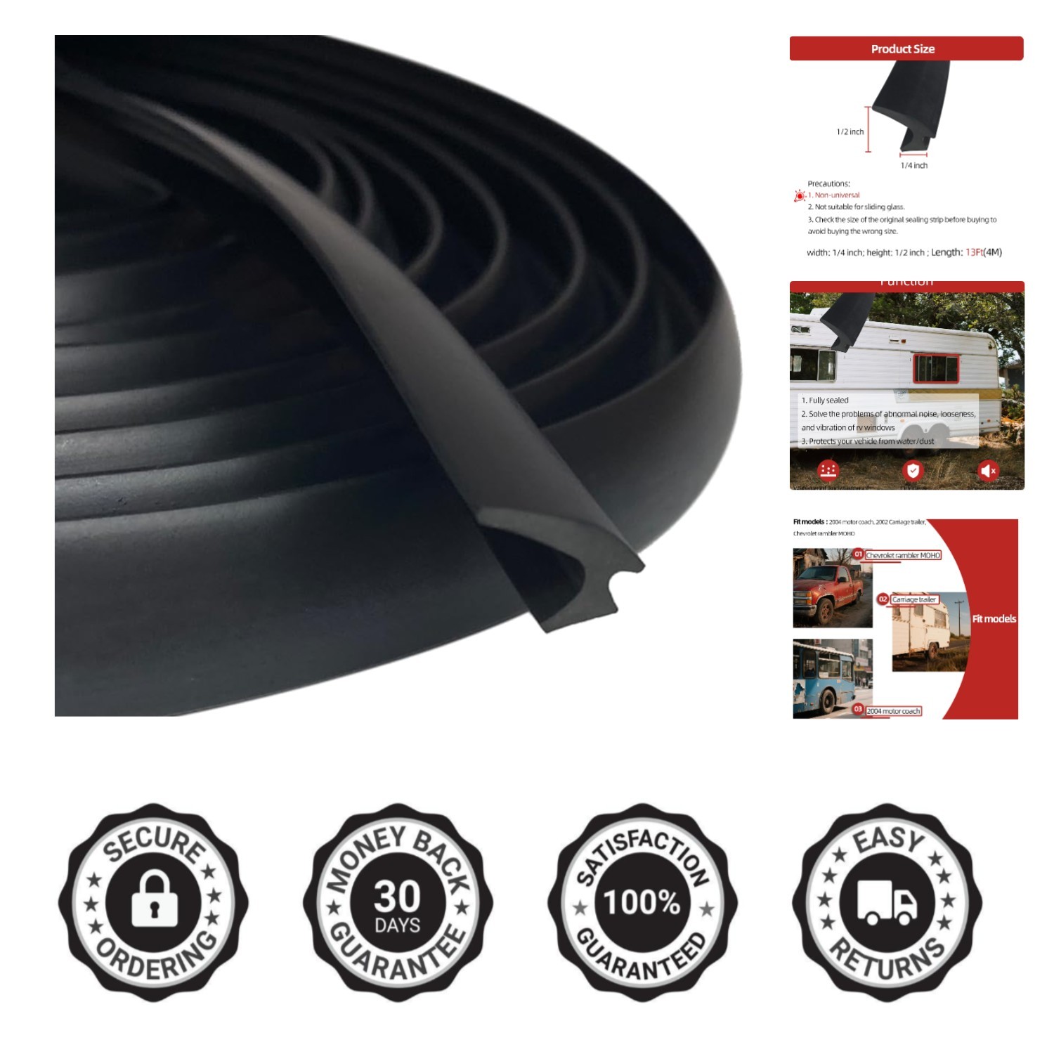 13ft EPDM RV Window Rubber Seal Strip, 1/2″ x 1/4″ Weatherstrip for Vehicles