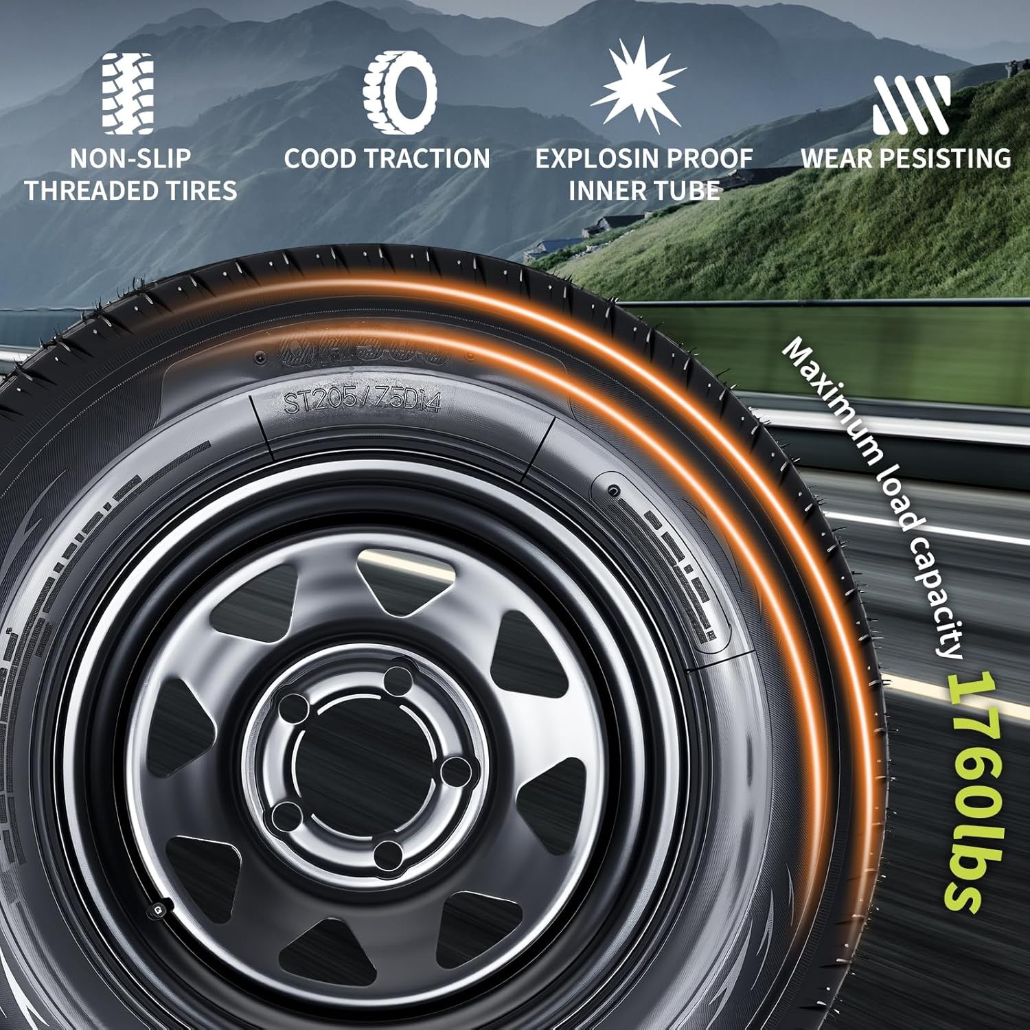 2 Pack ST205/75D14 Trailer Tires & Black Wheels 14″ Rims 5 Lug on 4.5″ 205 75 14