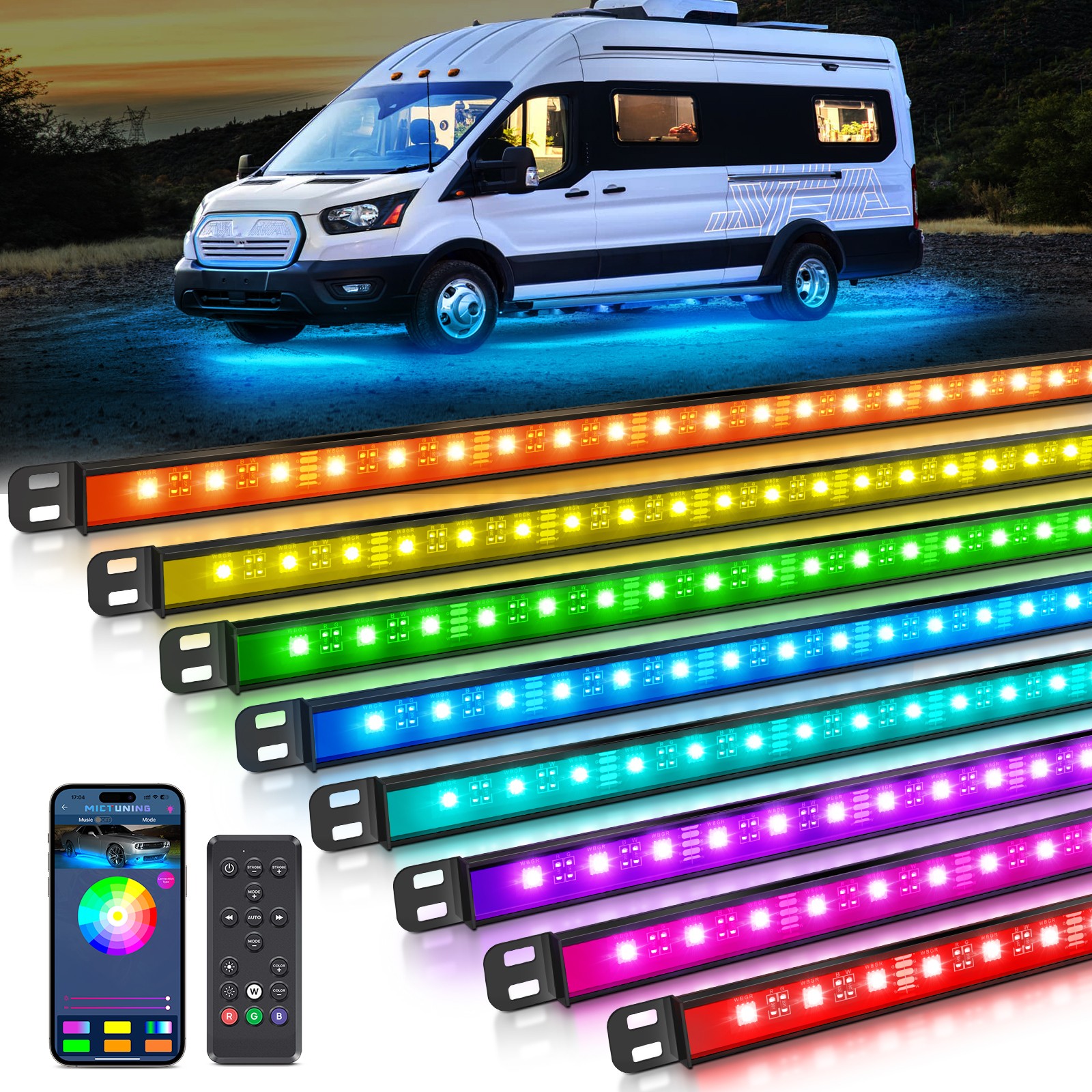 MICTUNING 8PCS RGBW Underglow Light Bars Neon Accent Underbody LED Light strip