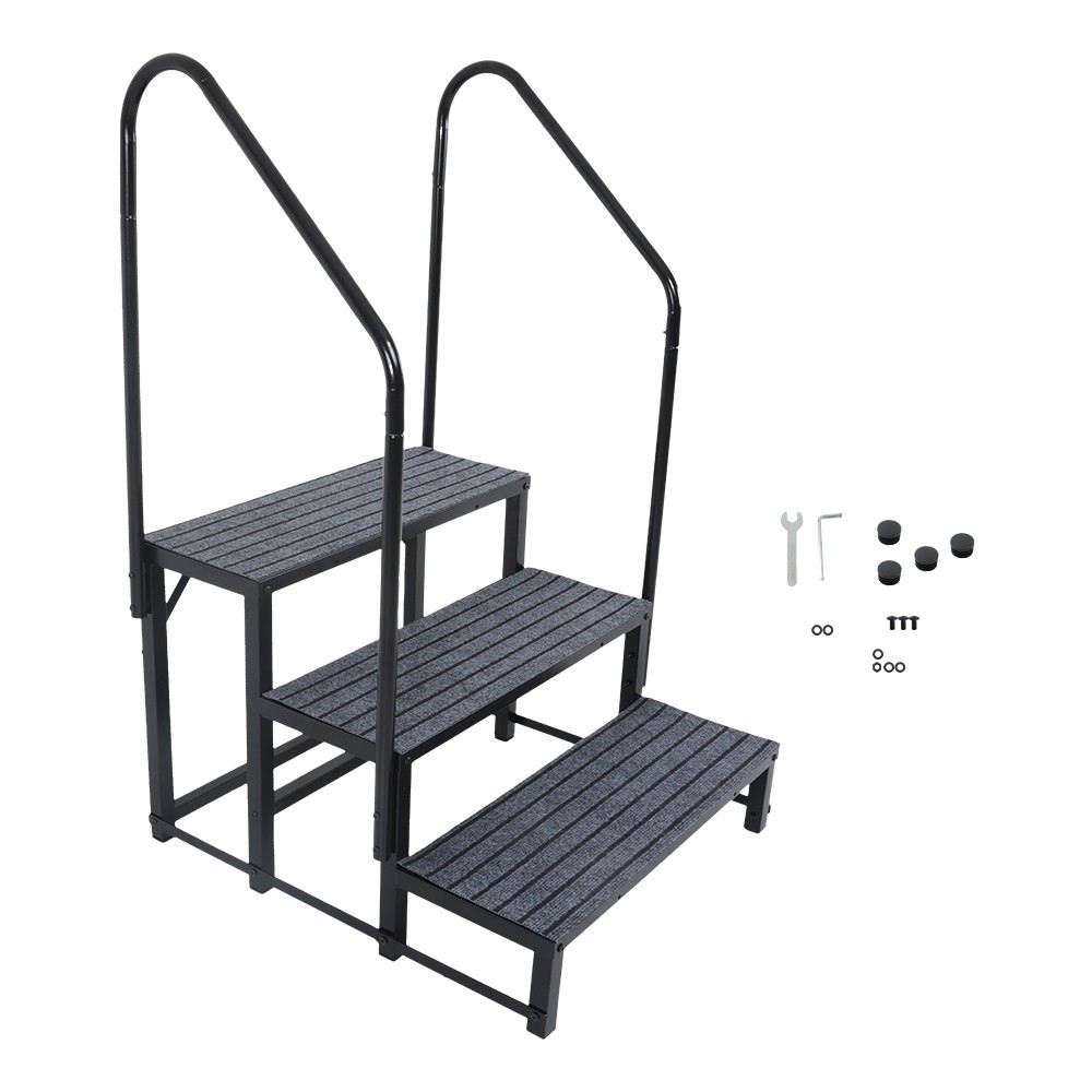 RV Steps with 2 Handrail+Mat Upgraded 3 Tier Heavy Duty Steel Mobile Home Steps