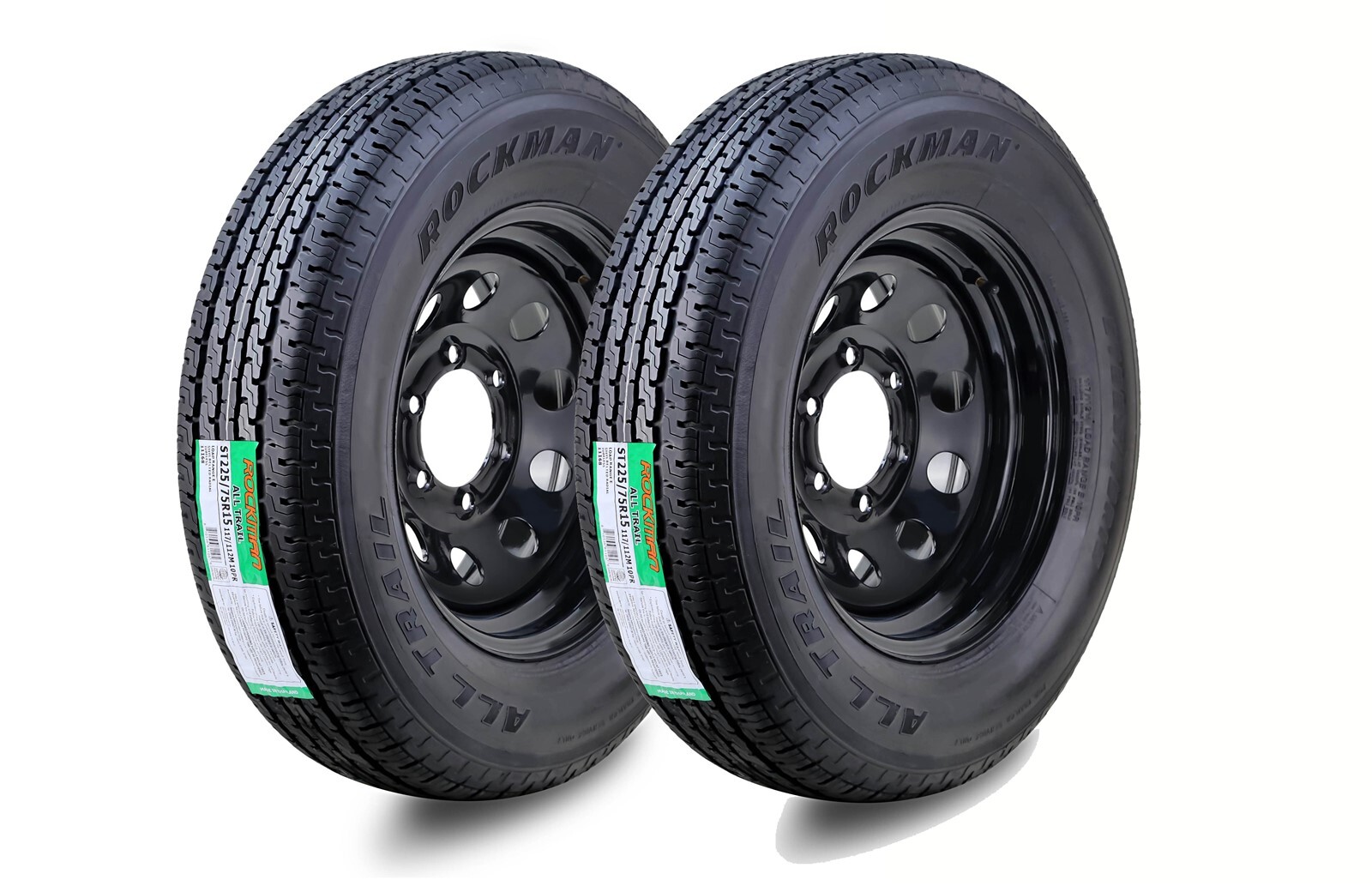 2 Rockman Trailer Tire Assembly ST225/75R15 10-Ply Black Mod Rim 6 Lug on 5.5″