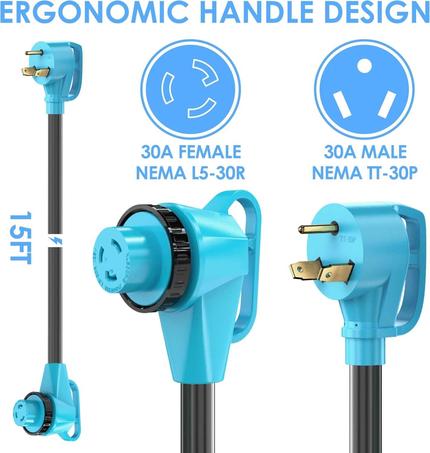 90 Degree Right Angle RV Power Cord 15 Feet with Grip Handle for Easy Use
