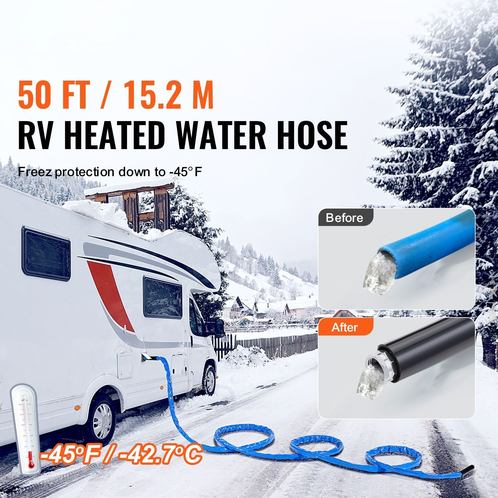 50ft Heated RV Water Hose -45°F, 5/8″ I.D., GHT Fitting