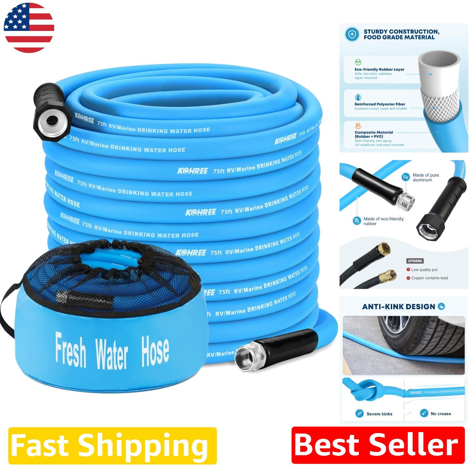 Durable 75ft RV Water Hose – Safe Drinking, No Odor, Leak-Free, Blue
