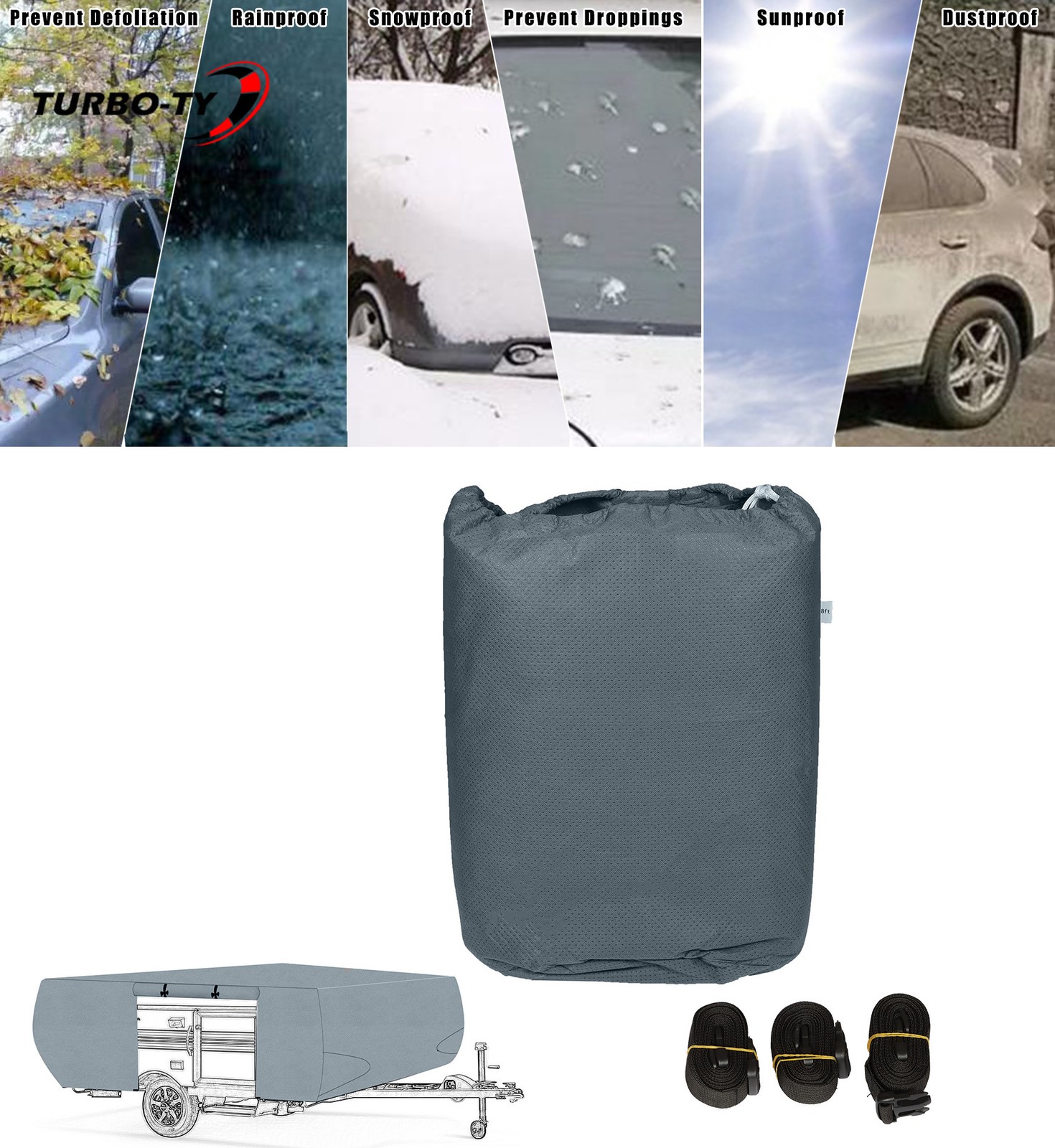 Waterproof RV Trailer Cover For Folding Pop Up Camper 14-16 FT Trailers Anti-UV