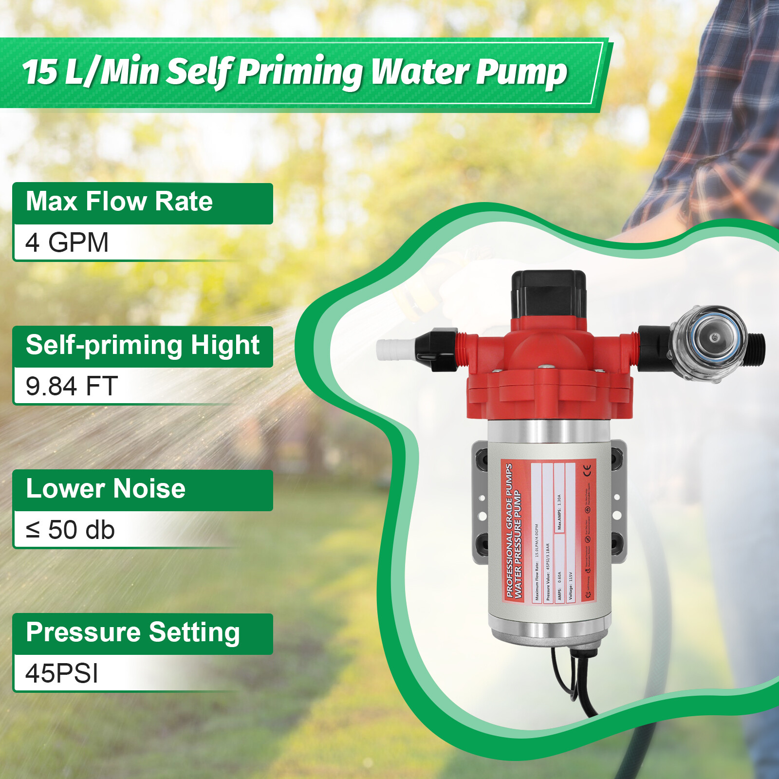 Water Diaphragm Pump 45PSI 4GPM Self-Priming Pump for RV Marine Kitchen 115V