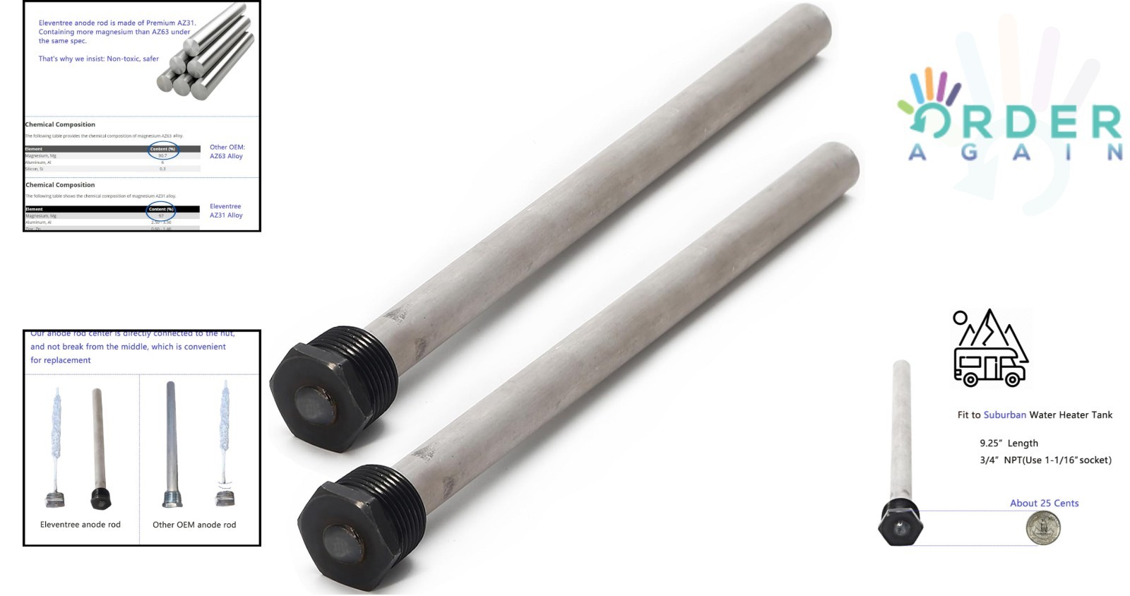 2 Pack RV Water Heater Anode Rods Magnesium 9.25″ Replacement for Suburban