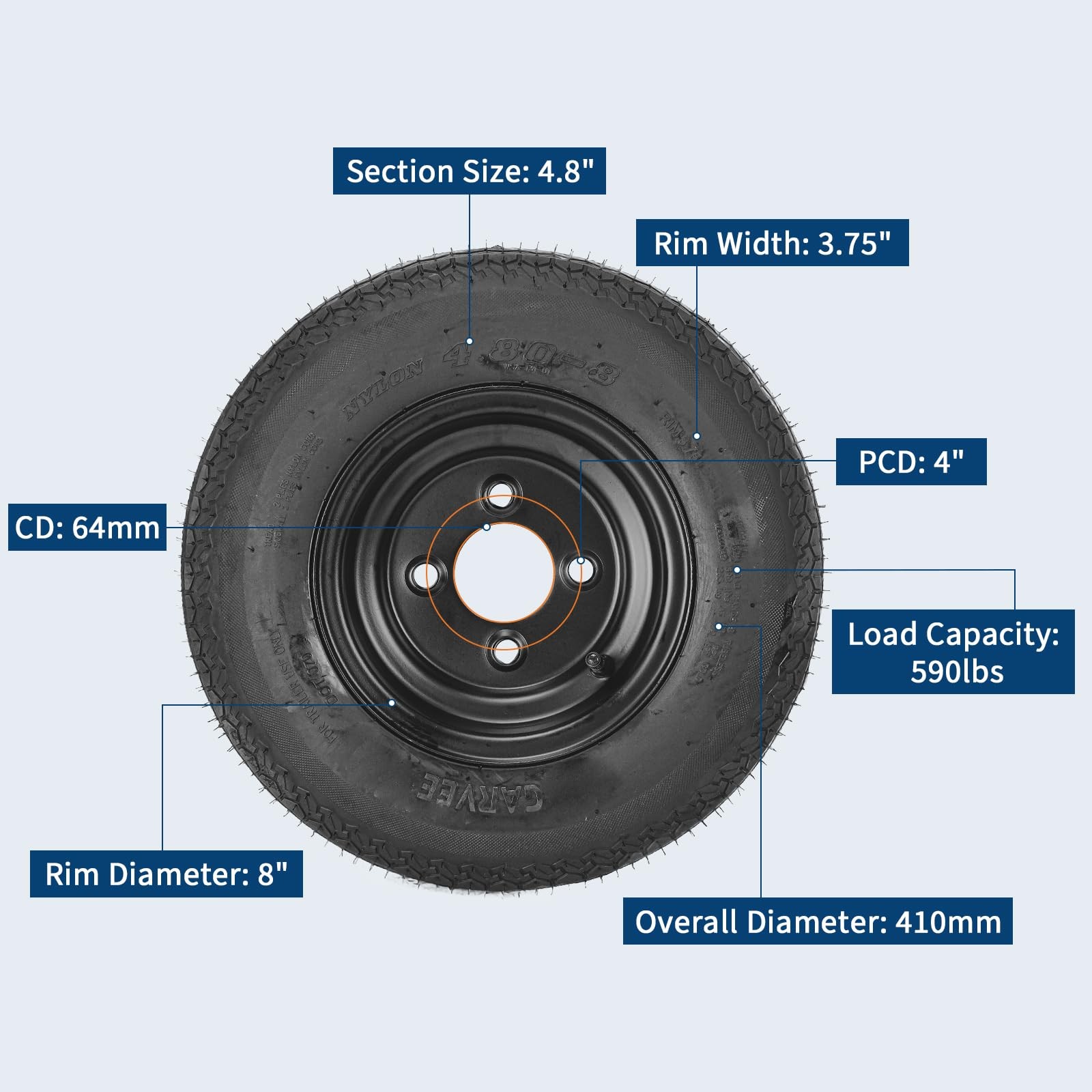 4 Pack 4.80-8 480-8 4.80×8 Trailer Tires on Rim, 4 Lug Black Wheels ,6PR Tires