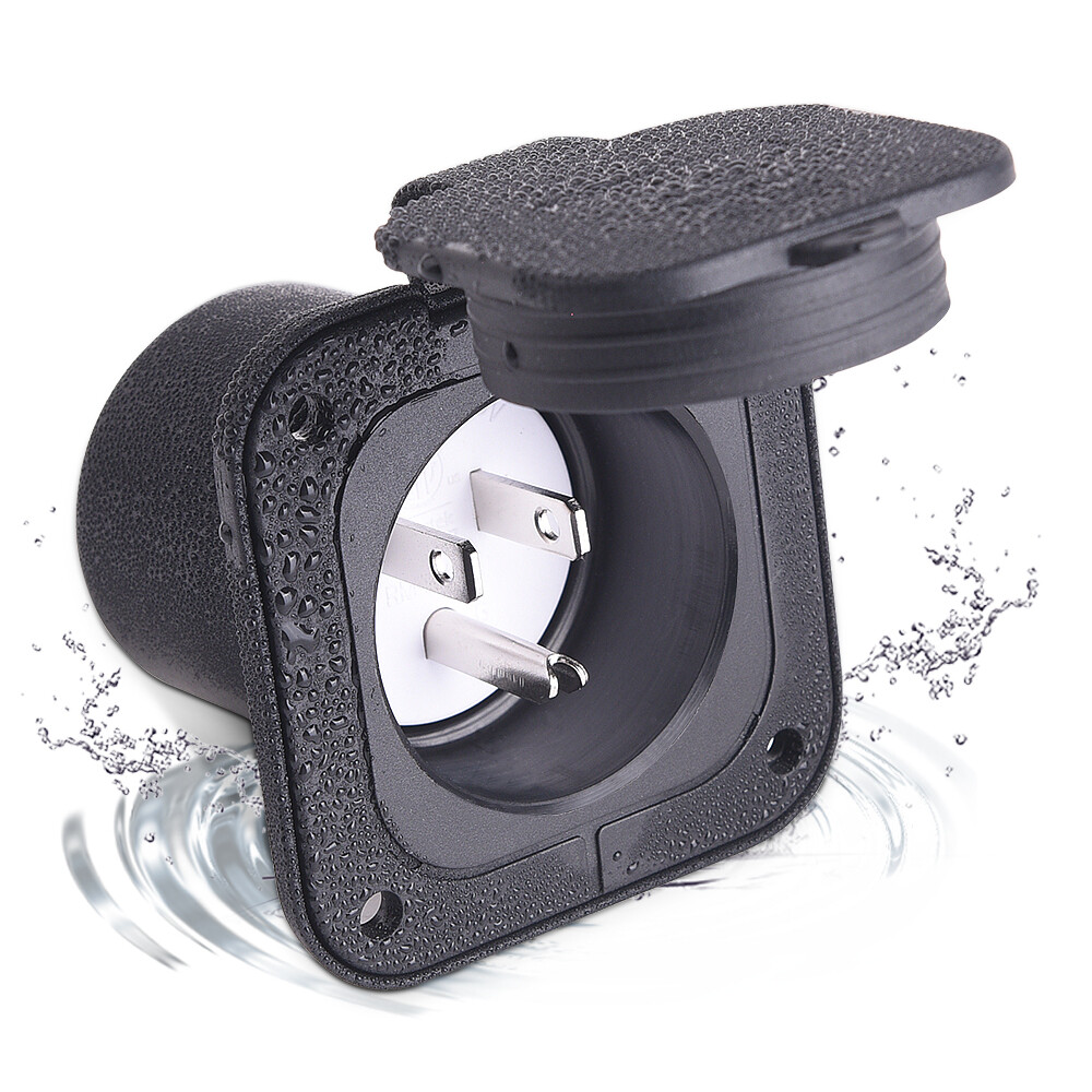 NEMA 5-15 RV Shore 125V Power Inlet Plug Port w/Waterproof Cap 15A Flanged Inlet