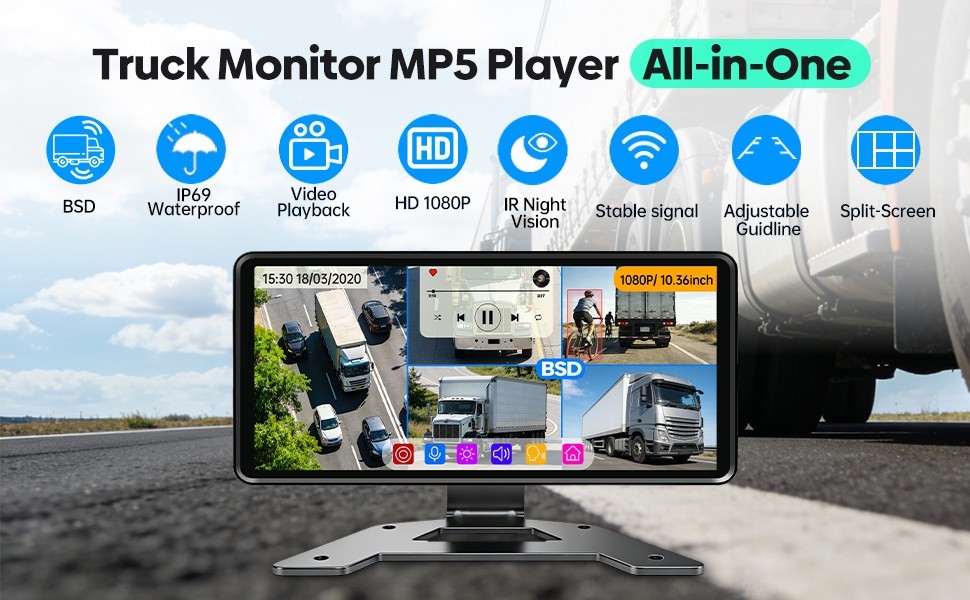 10.36″ Backup Camera System Bus RV Trailer, 5 Channel Truck Monitor System BSD