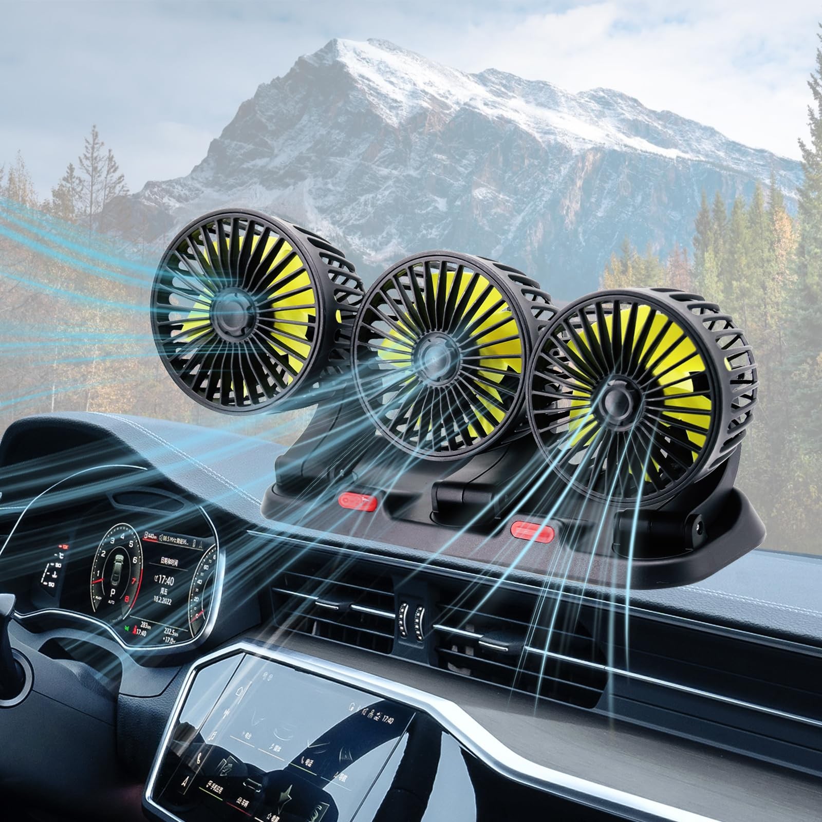 Triple-Head Car Fan 360° Rotation 12V Plug Compact AC Unit RV SUV Cabin Cooling