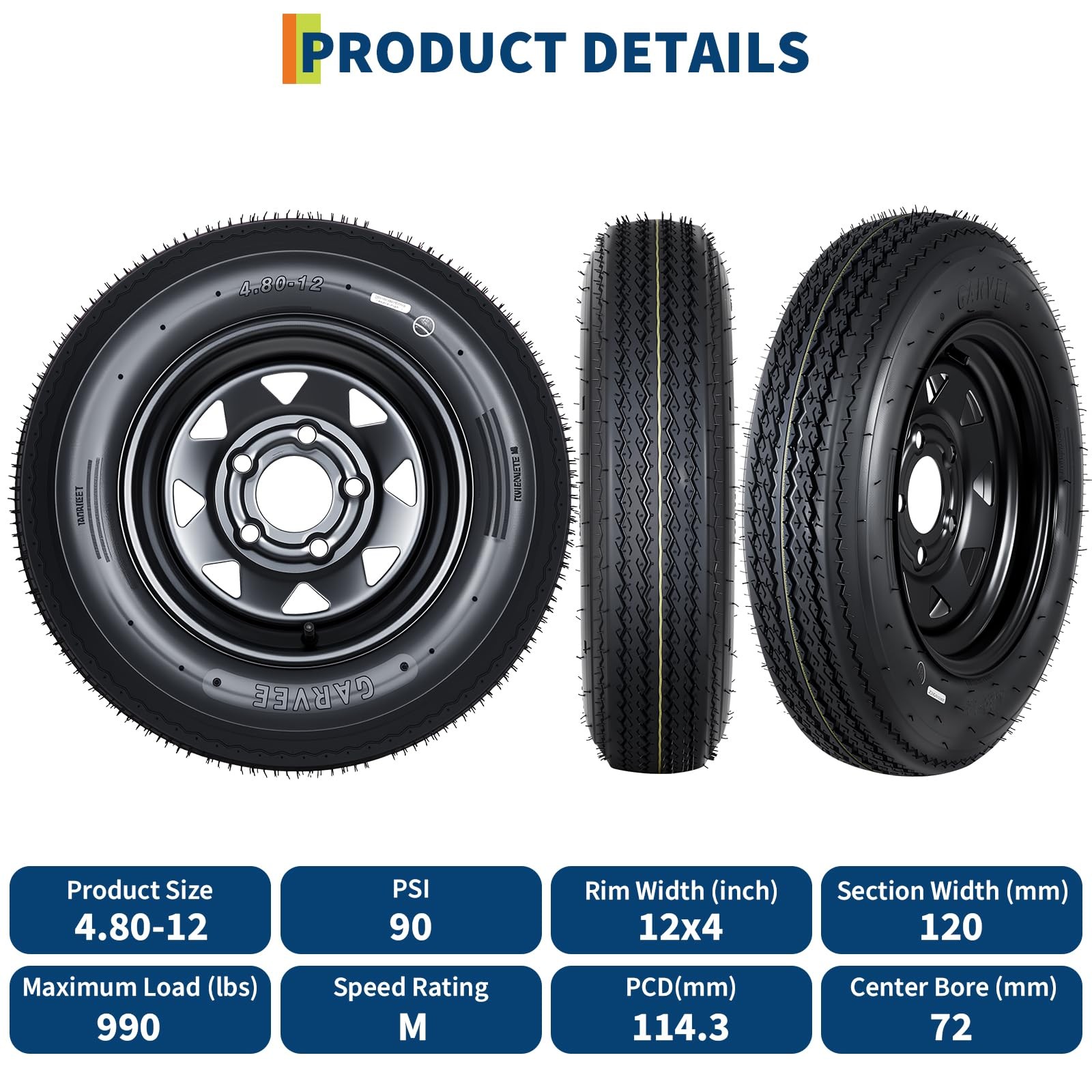 2pcs Trailer Tire on Rims 4.80-12 480×12 4.80×12 6PR Black Wheels ,5 Lug on 4.5″