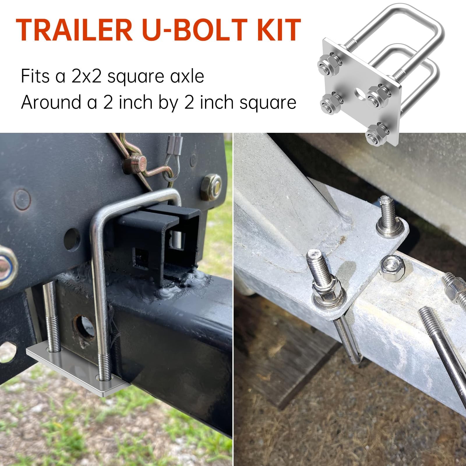 Square U-Bolt Kit for Boat Trailer Mounting Axle Leaf 2″ W x 5″ L, Zinc