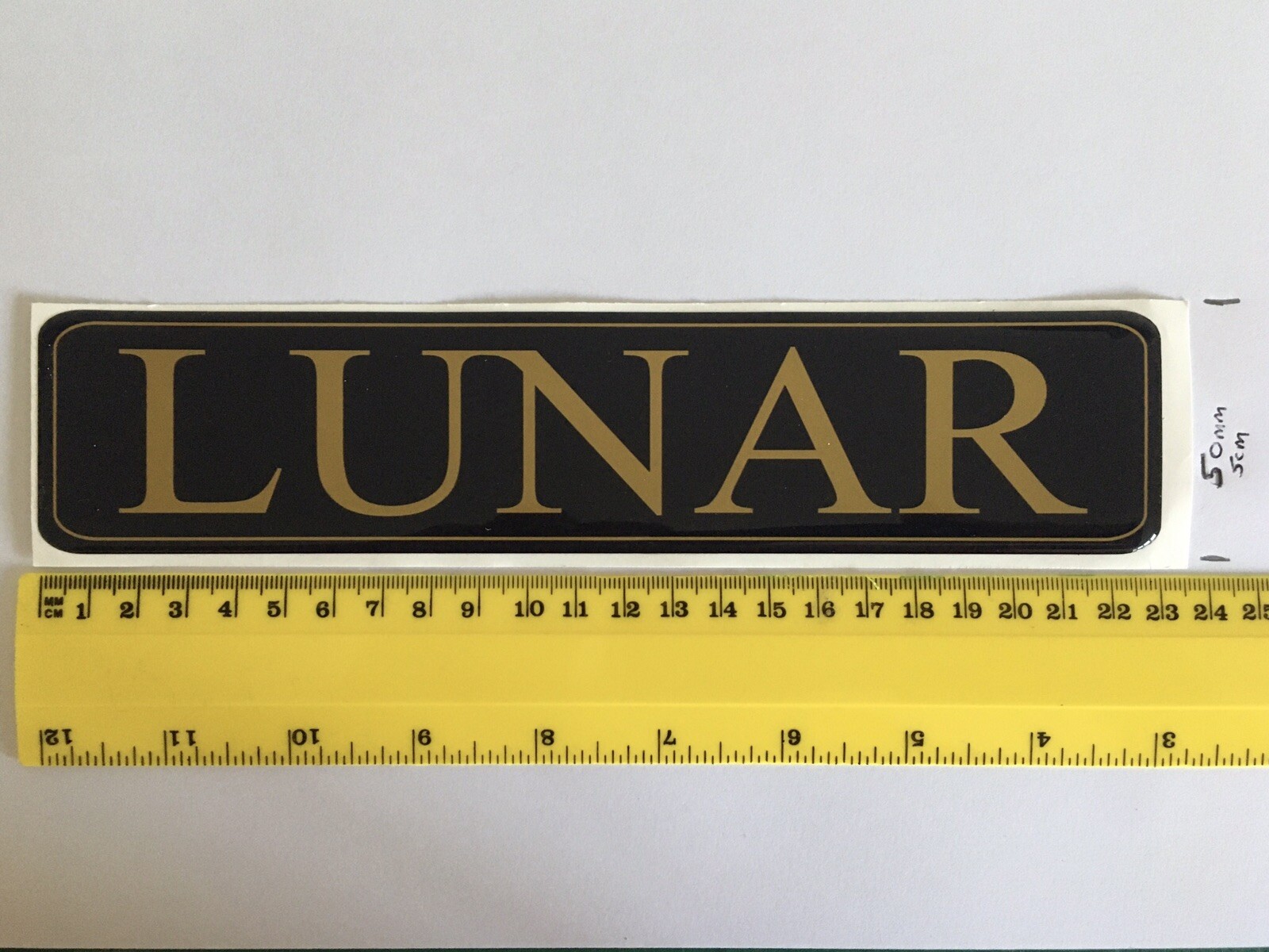 LUNAR CARAVAN MOTORHOME RECTANGLE FRONT BADGE DOMED RESIN BLUE & GOLD HIDE DENTS