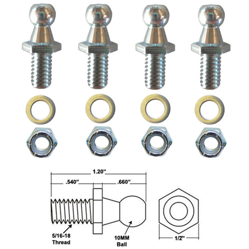 10mm Ball Studs w/ Hardware – 5/16-18 Thread x 1/2″ Long Shank – Pack of 4