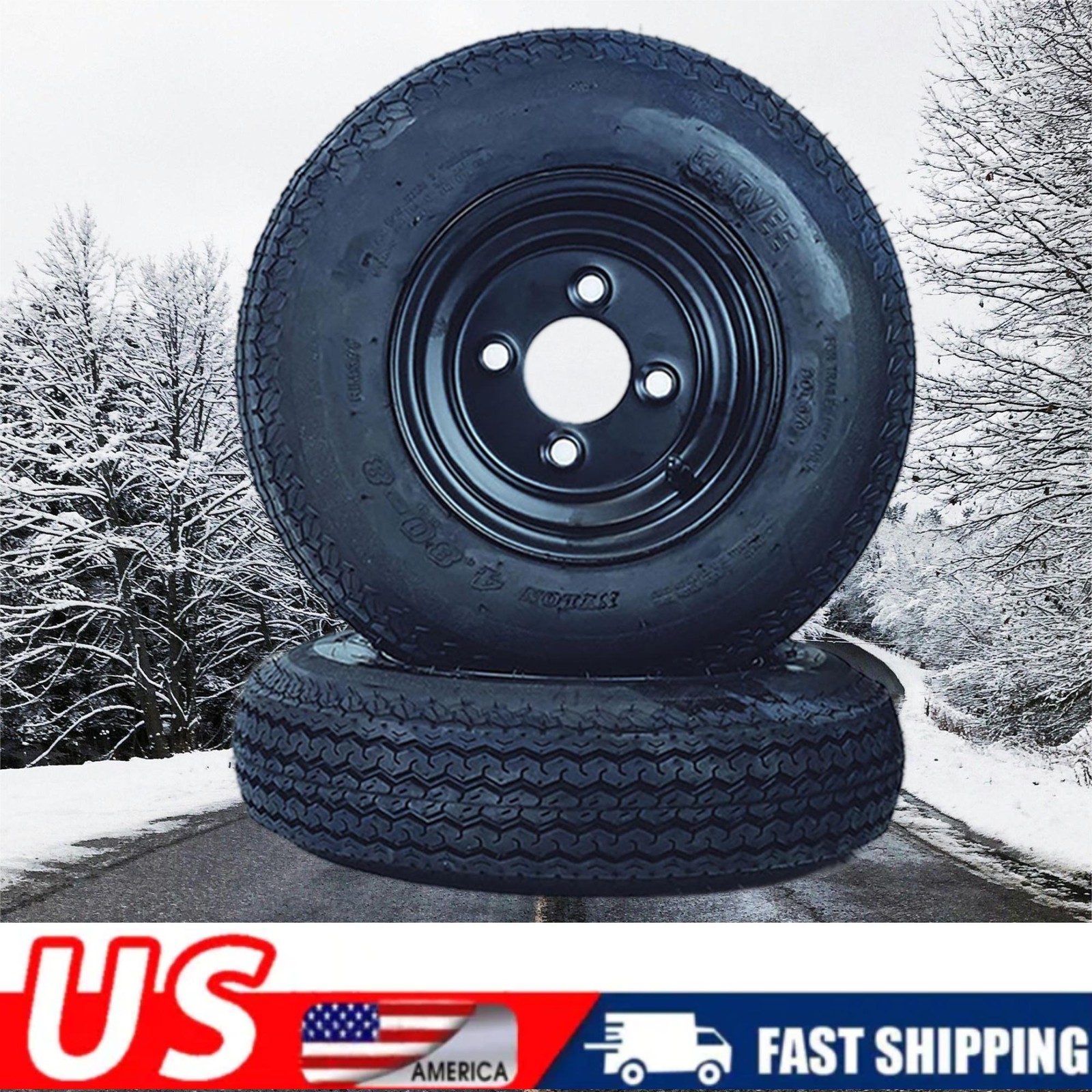 2 Pack 4.80-8 480-8 4.80×8 Trailer Tires on 8″ Rims 4 Lug Black Wheels 6PR Tire