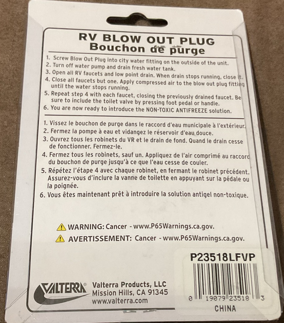Valterra P23518LFVP RV Water System Blow Out Plug Free Shipping!