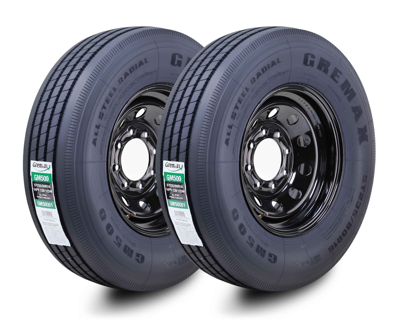 2 GREMAX All Steel Trailer Tire Wheel ST235/80R16 14-Ply G 129M 8×6.5″ Black Mod