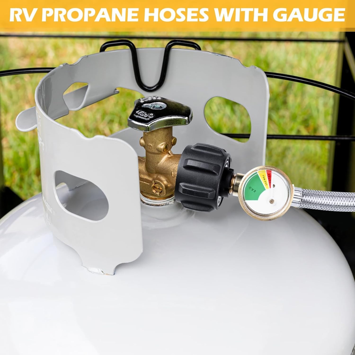 15-Inch Stainless Steel Braided RV Propane Hoses with Gauge – Dual Pack for C…