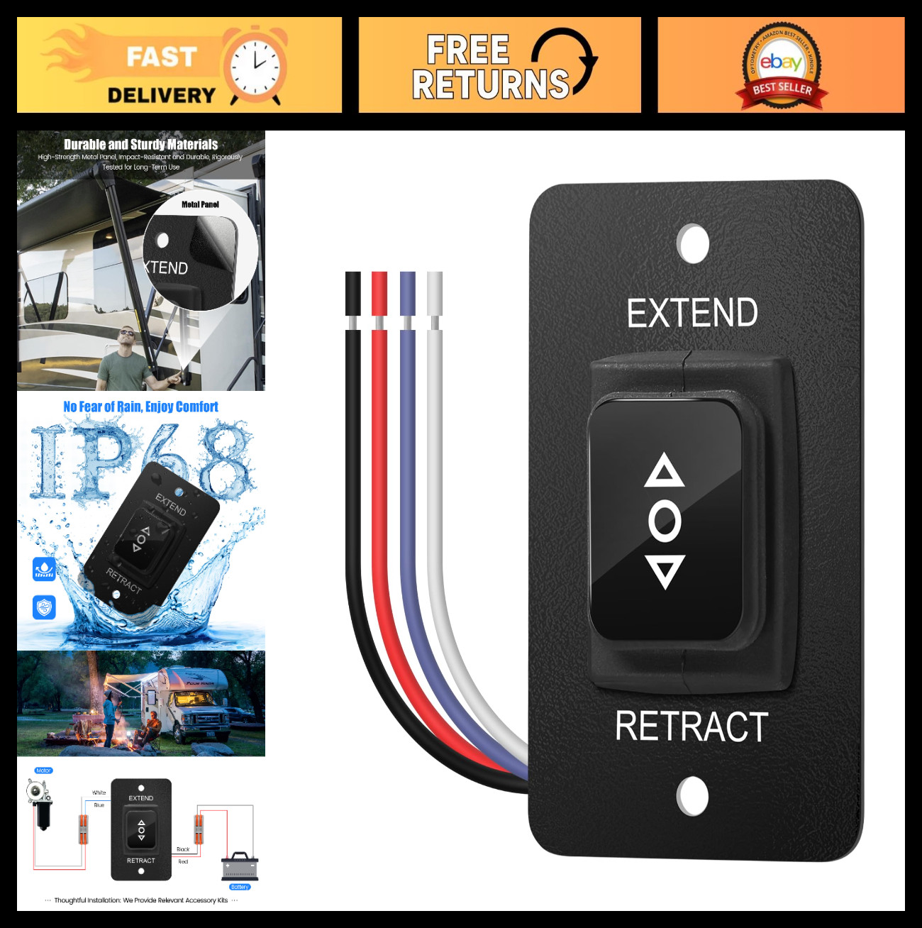 40A Power RV Awning Switch Kit – Waterproof IP68 Button, Corrosion-Resistant Met