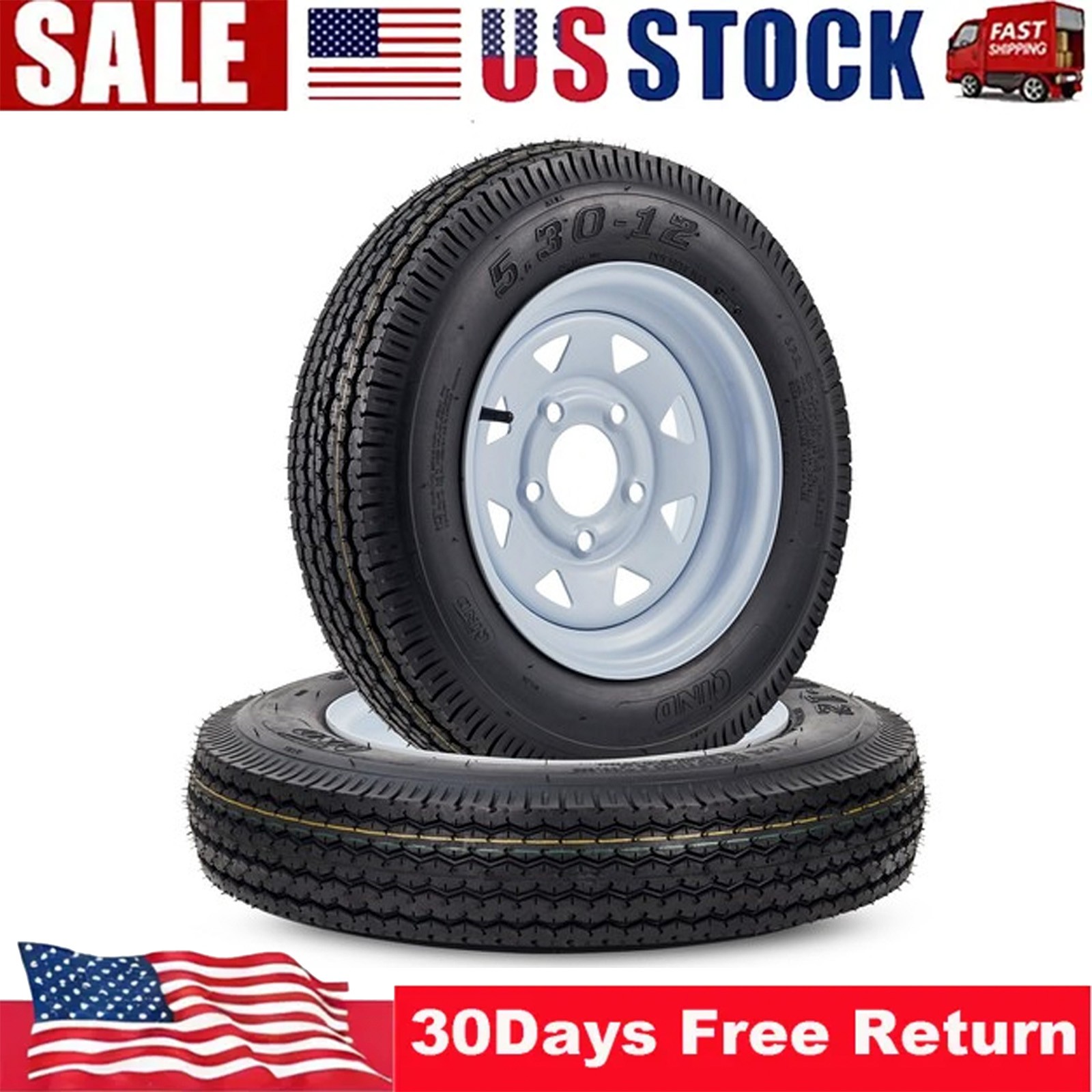 2-Pack Trailer Tire Wheel Assembly 5.30-12 6-Ply Load Range C 5 Lug On 4.5”