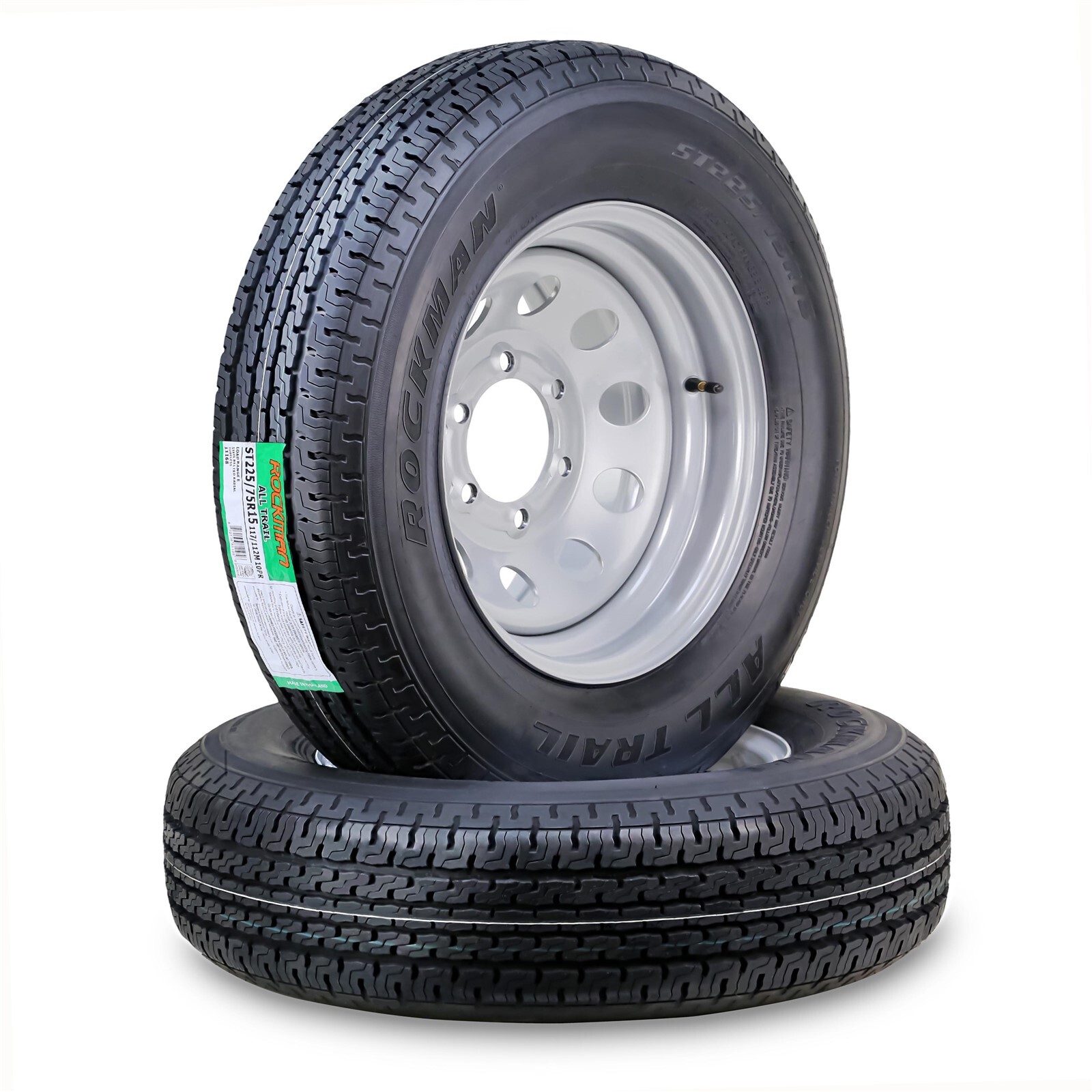 2 ROCKMAN Trailer Tire Wheel ST225/75R15 10-Ply E 117M 6 Lug on 5.5″ Silver Mod