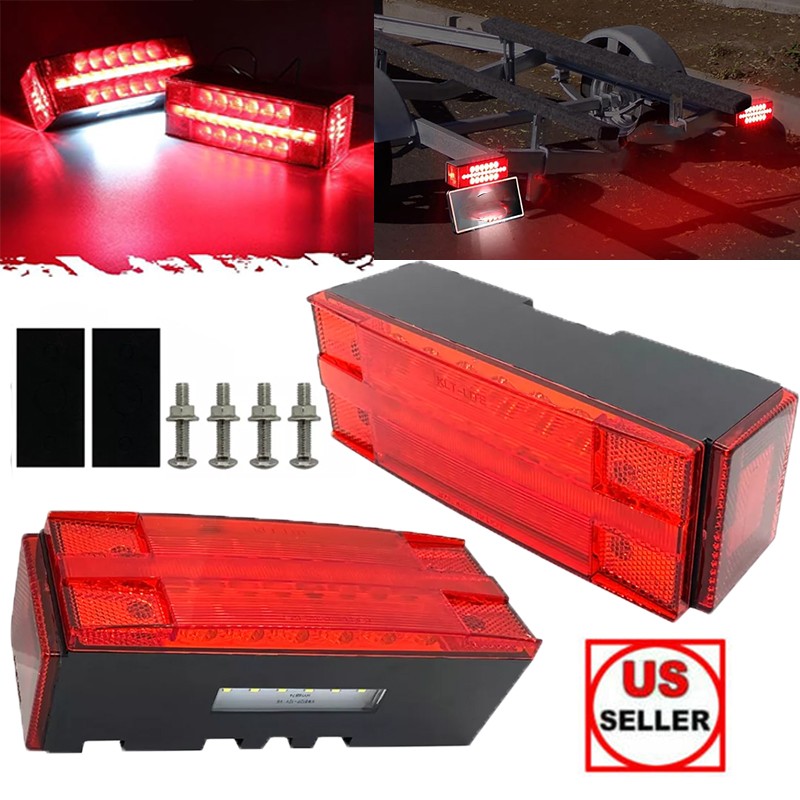 Left + Right LED Red Trailer Boat Rectangle Stud Stop Turn Tail Lights w/ Screws