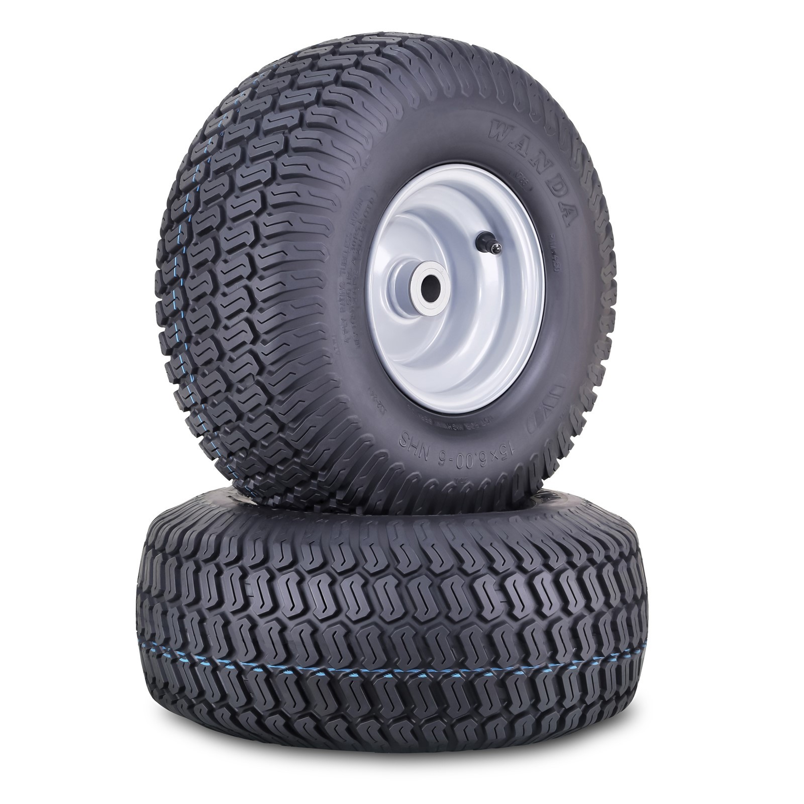 2 WANDA Lawn Mower Tire 15X6-6 w 3/4″ Bushing 3″ Center Hub Silver Wheel-13016