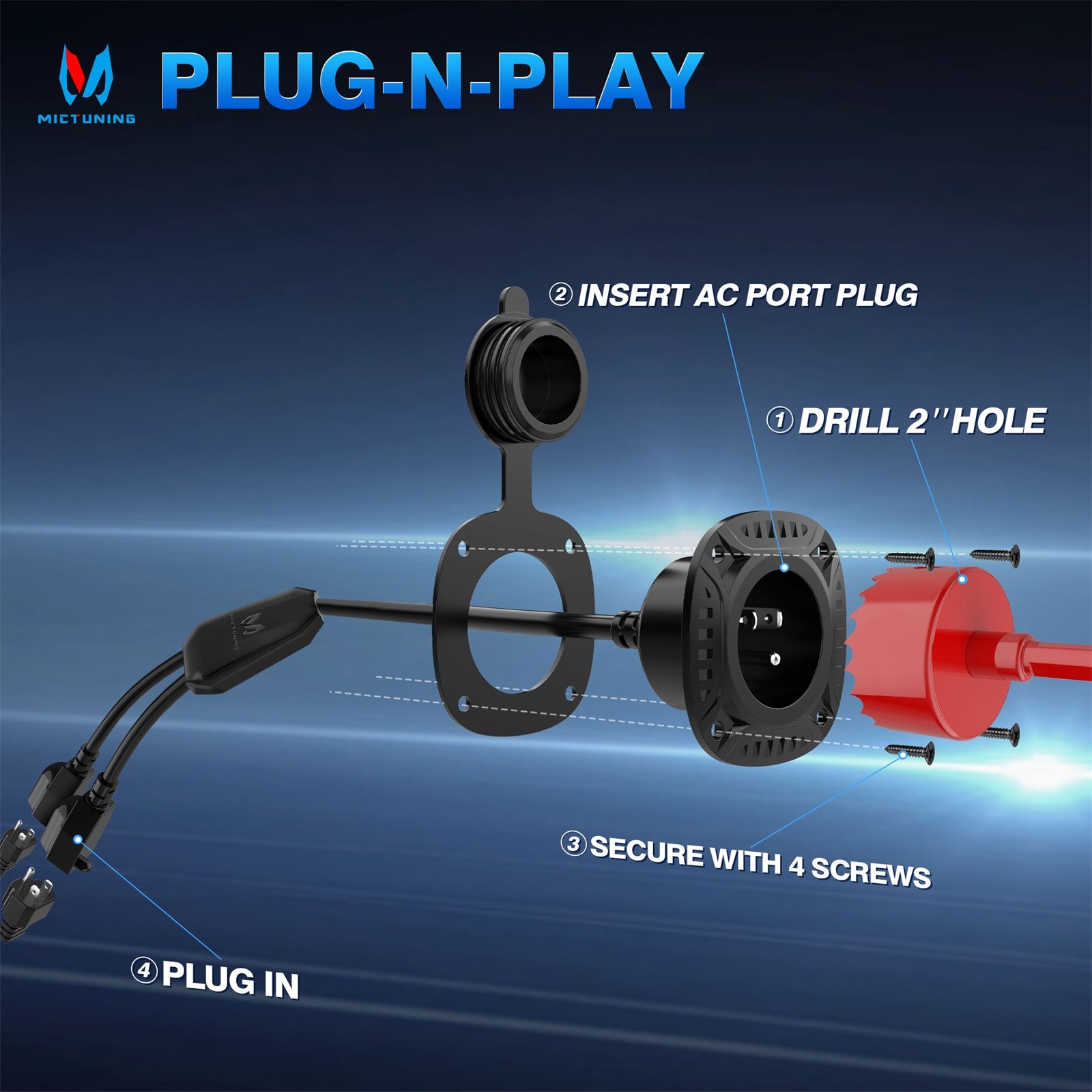 MICTUNING 20A 125V AC Port Plug, 12 AWG Shore Power Inlet Plug 20” Extension
