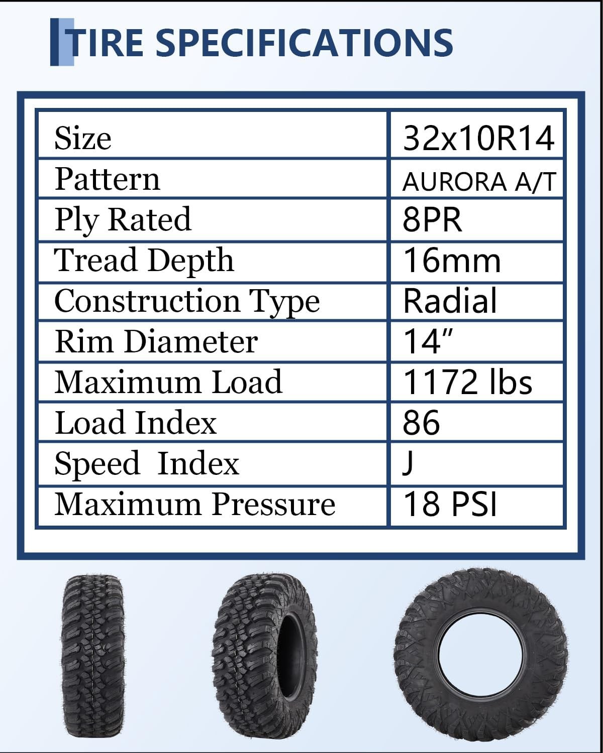 Set of 4 AT 32×10.00R14 32x10R14 8 Ply 86J All Terrain ATV UTV Tires A/T TL 8PR