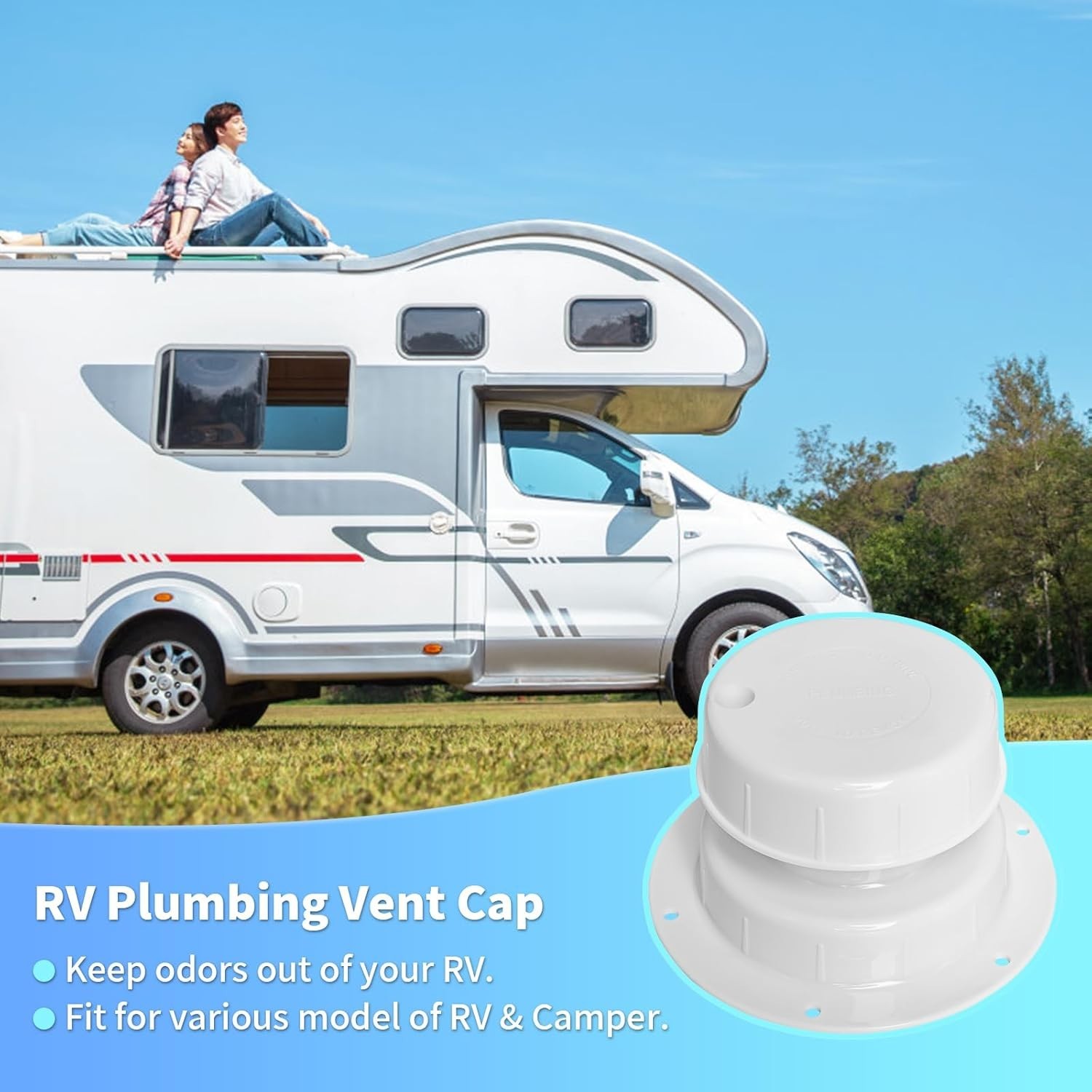 White RV Vent Cap Replacement – 2 Pack, Easy Installation for 1-2 3/8 Inch Pipes
