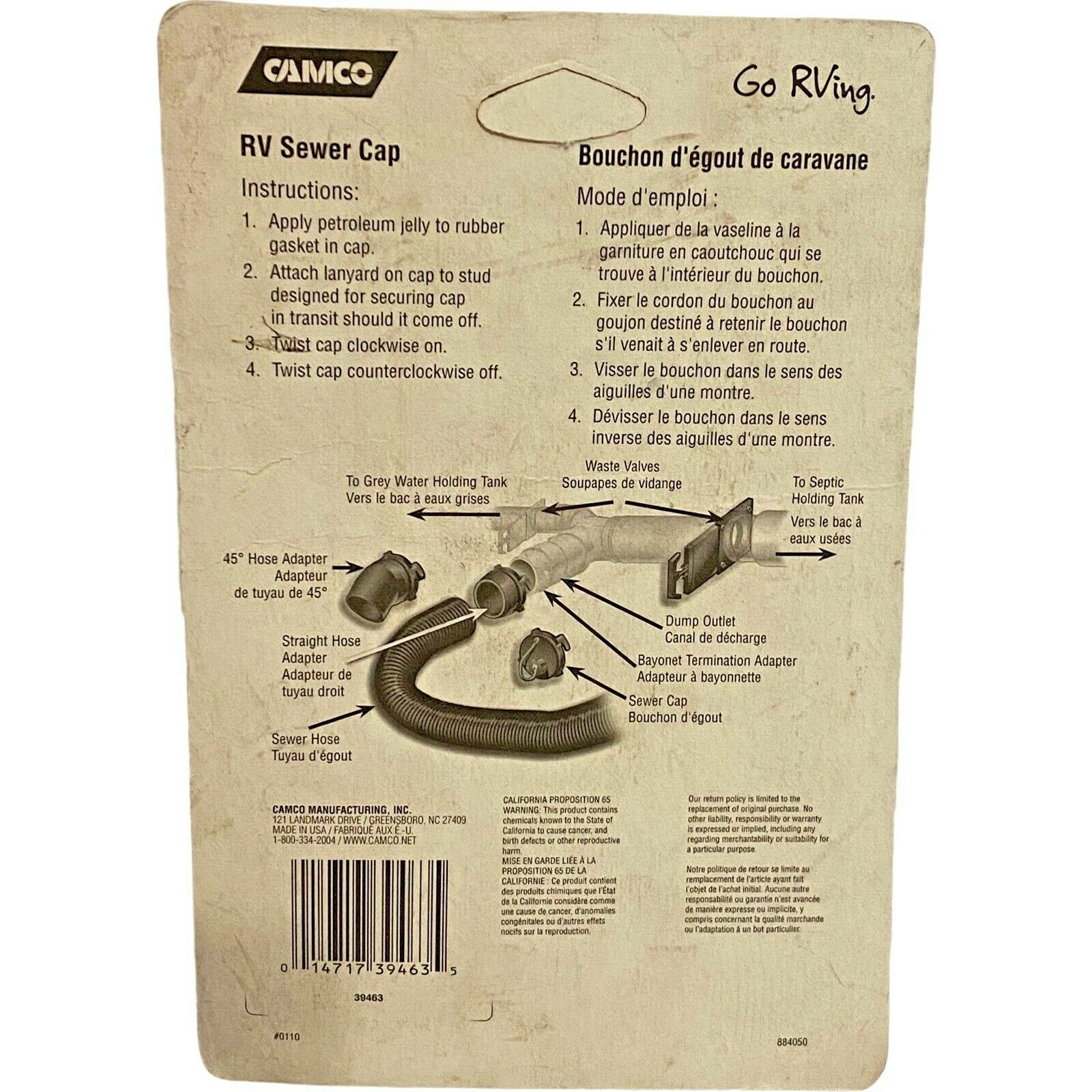RV Sewer Cap Camco 39463 Sewer Cap W/hose Connection Sanitation Original Camper