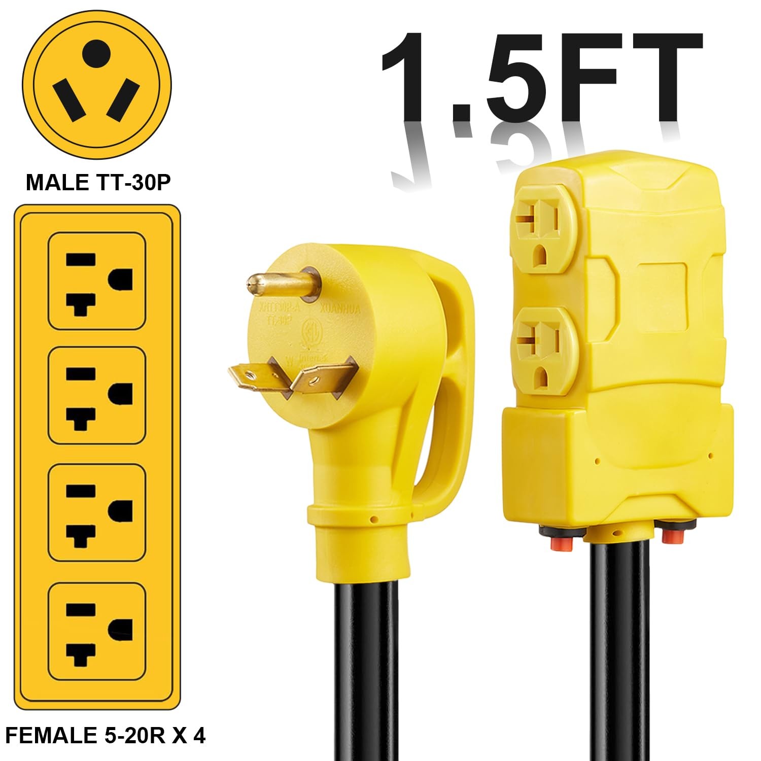 Suplevel 30 Amp to 20 RV/Generator Distribution Adapter 1.5 FT, Yellow