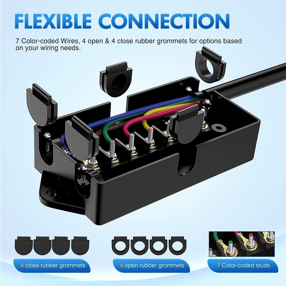 7ft 8ft 10ft Trailer Cord 7 Way Plug Inline Junction Box Wiring Harness Kit