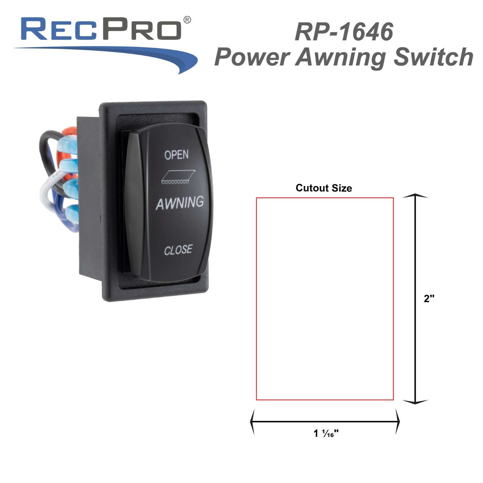 RecPro RV Replacement Awning Switch | 12V DC | 2″ H x 1.13″ W x 2″ D