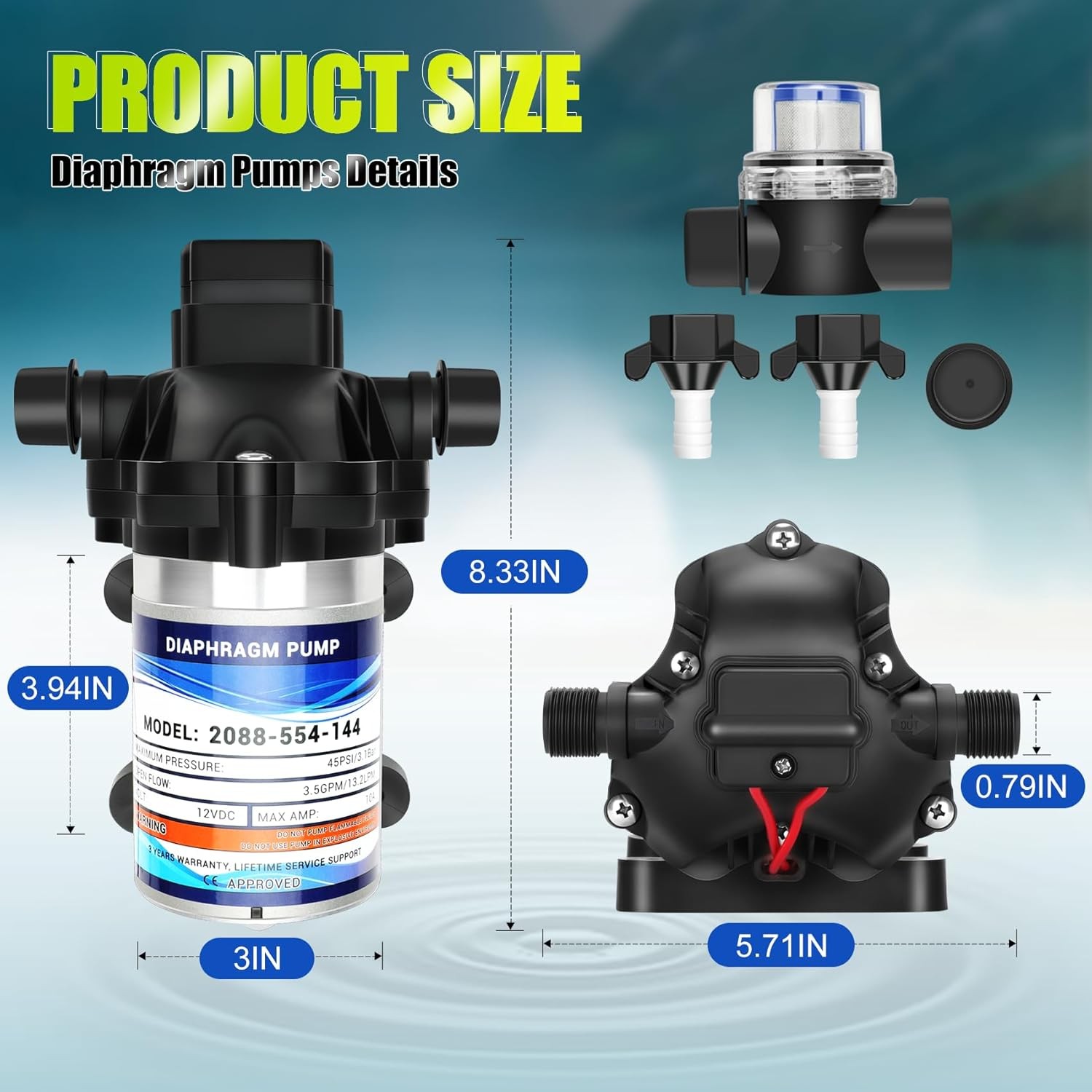High-End Fresh Water Pump 12V 3.5 GPM DC RV 45psi 1/2 NPT Motorhome 2088-554-144