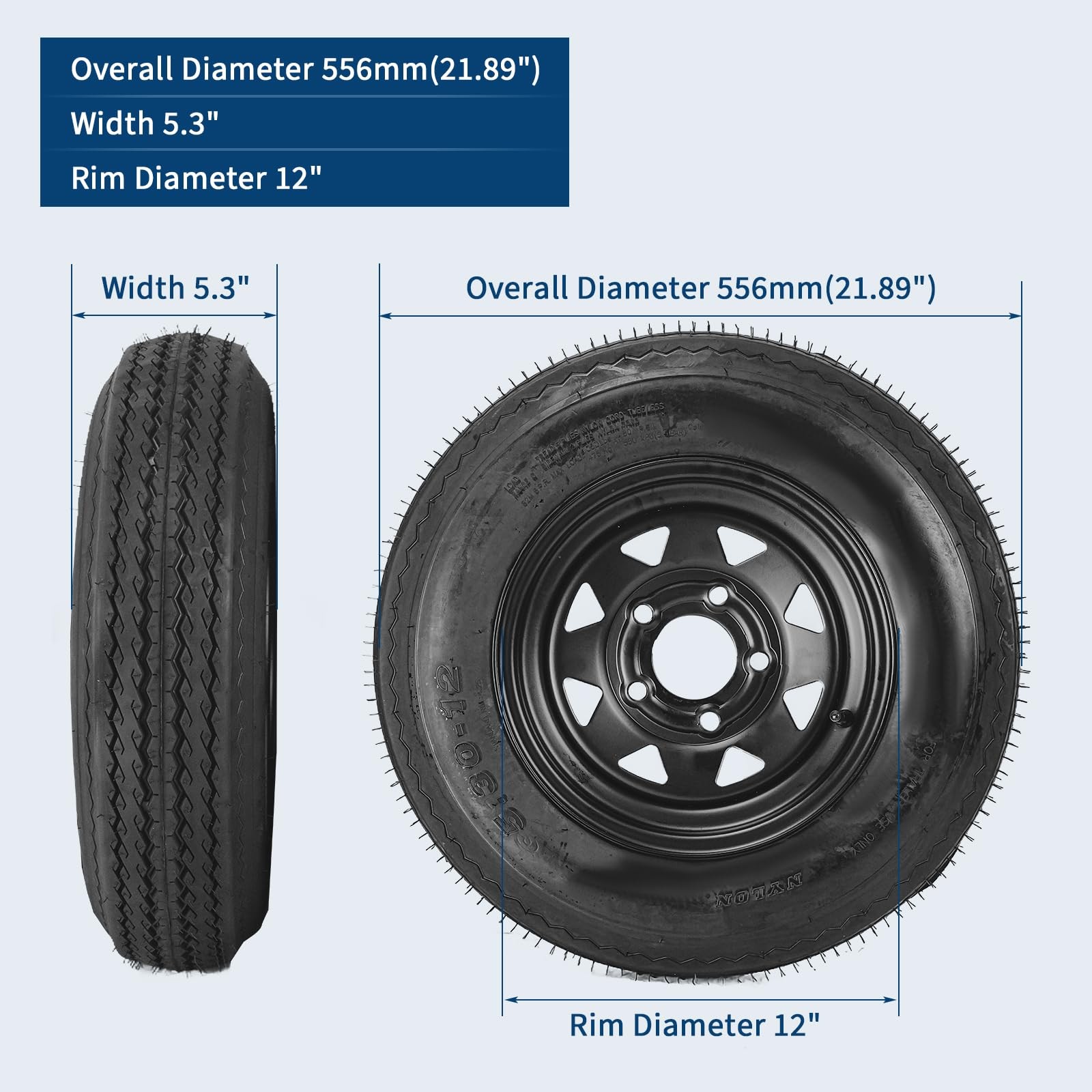 2pcs Trailer Tire and Wheels 5.30-12 530-12 5.30×12 5 Lug w/13″ Rims ,6PR Tires