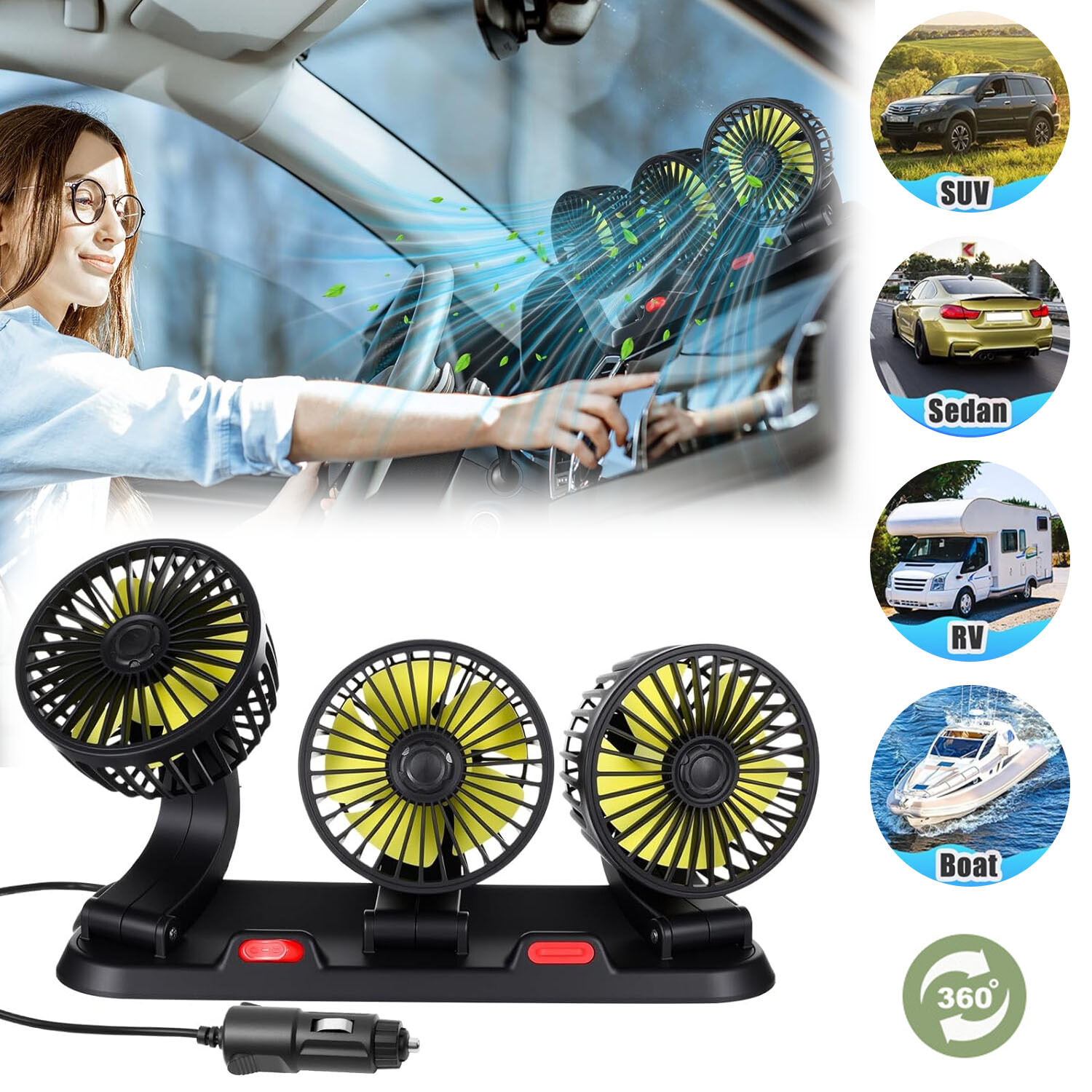 12V Car Dual Head Fan Portable Vehicle Truck 360° Rotatable Auto Cooler Air Fan