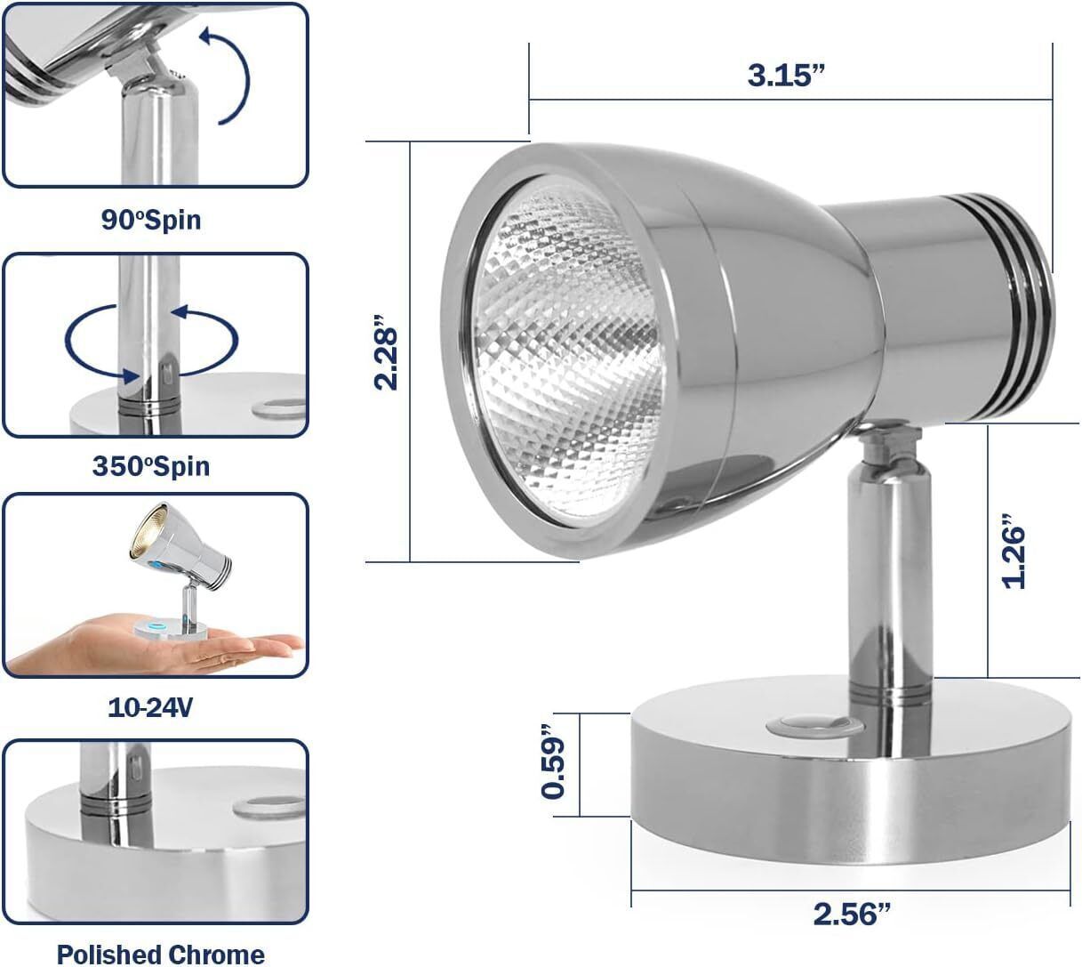12V-24V Interior LED Spot Reading Light RV Boat Camper Bedside Dimmable Lamp