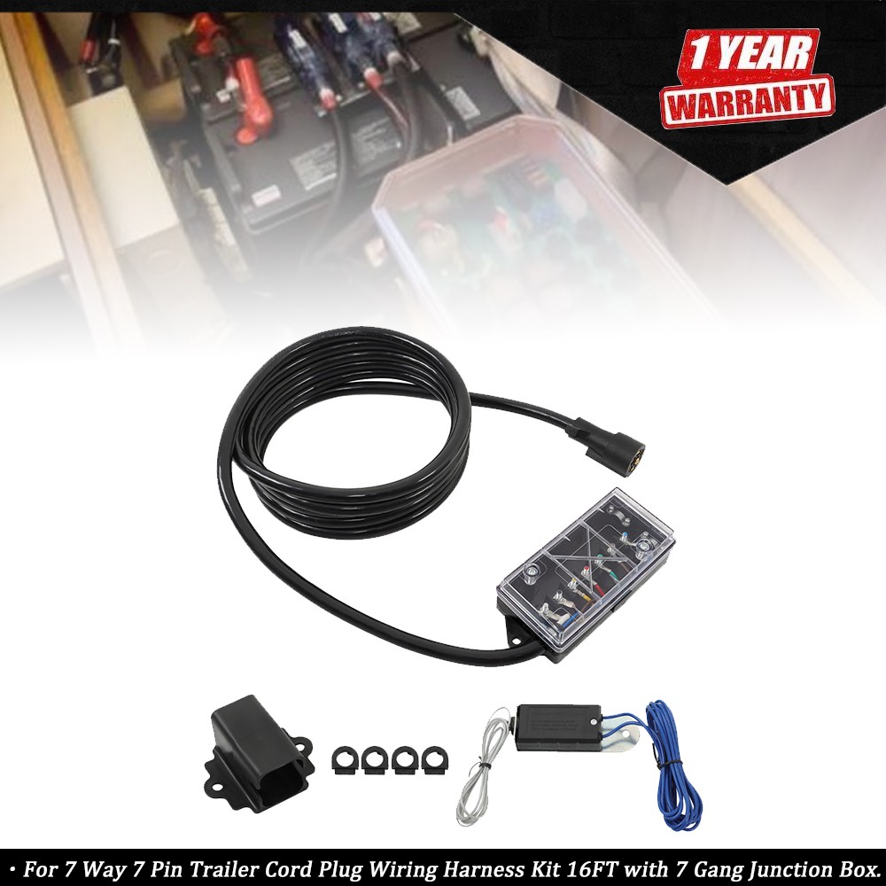 New Fits 7-way 7-pin trailer cable-16FT with Junction Box + Wiring Harness Kit
