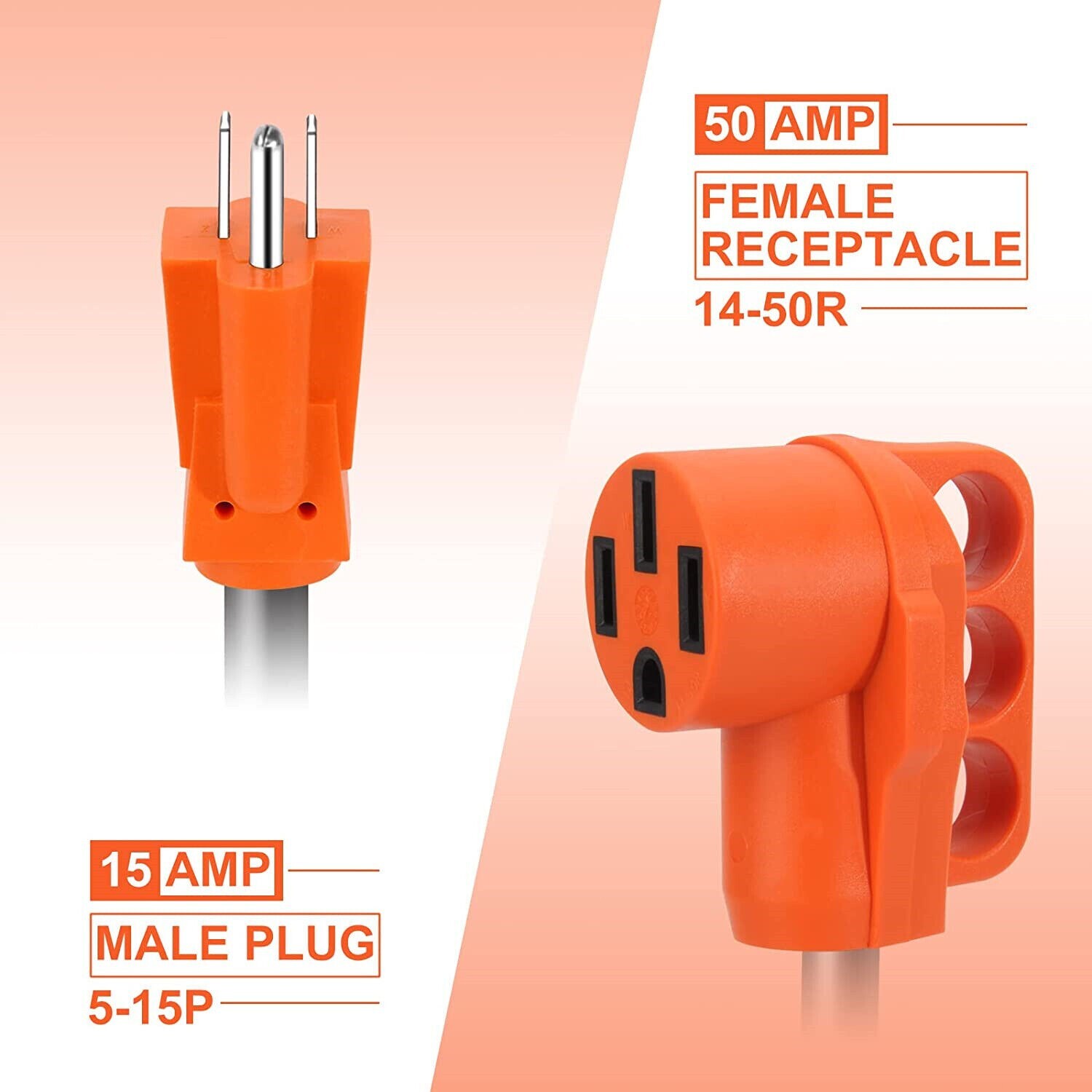 RV Adapter Cord 50 A Female to 15A Male Plug 12-Inch, NEMA 5-15P to 14-50R