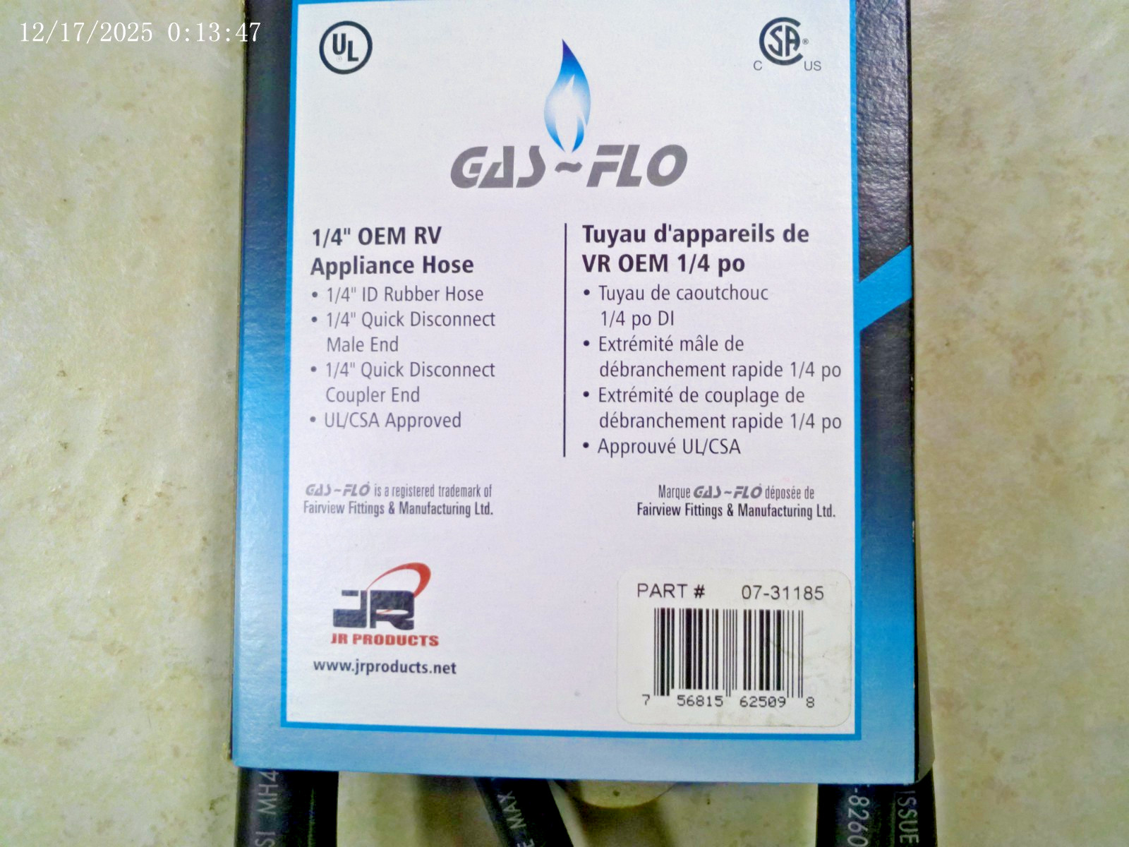 JR Products 07-31185 Gas Flo 72″ 1/4″ OME RV Appliance Hose