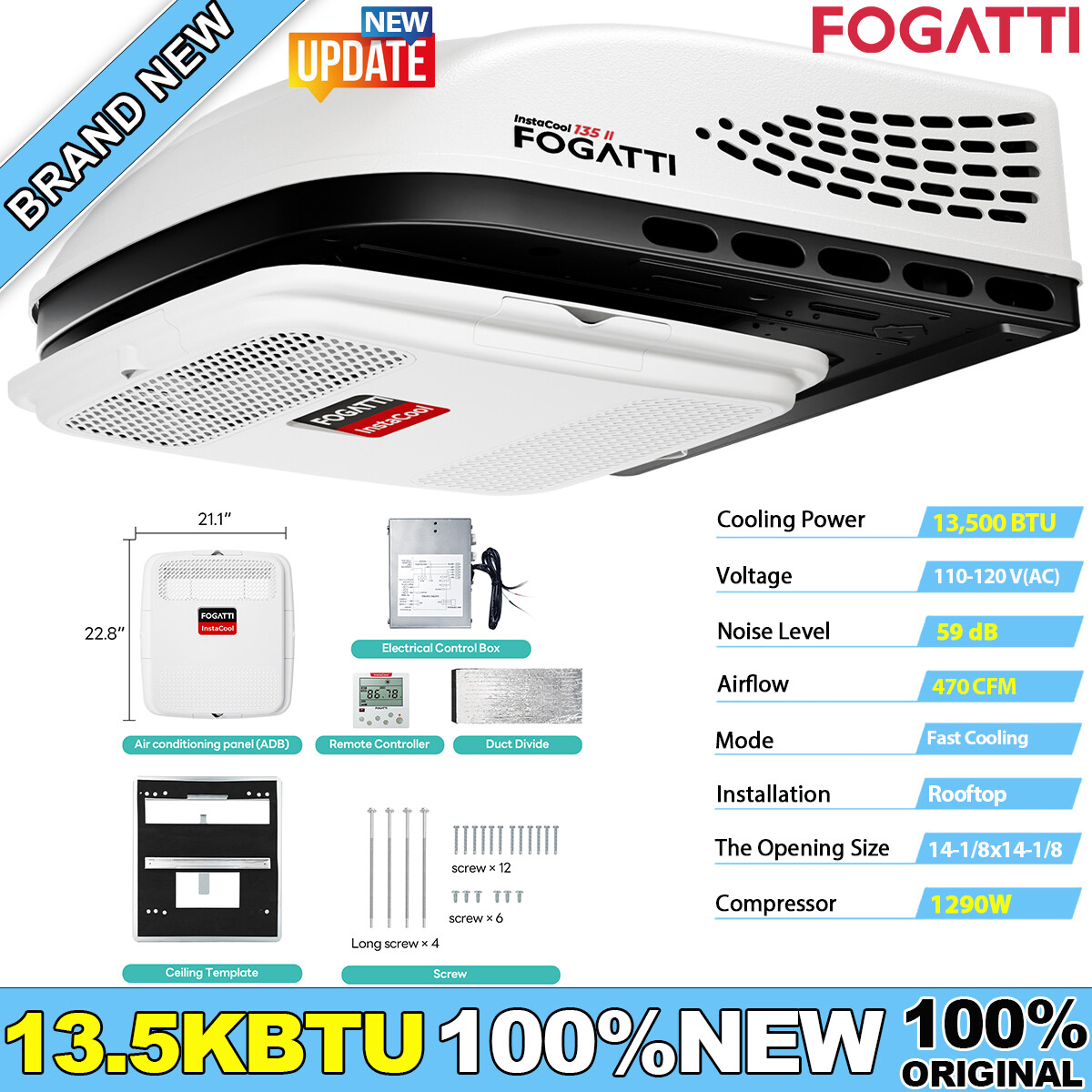 13500BTU Rooftop RV Air Conditioner Non-Ducted AC Unit for Camper Trailer 115V