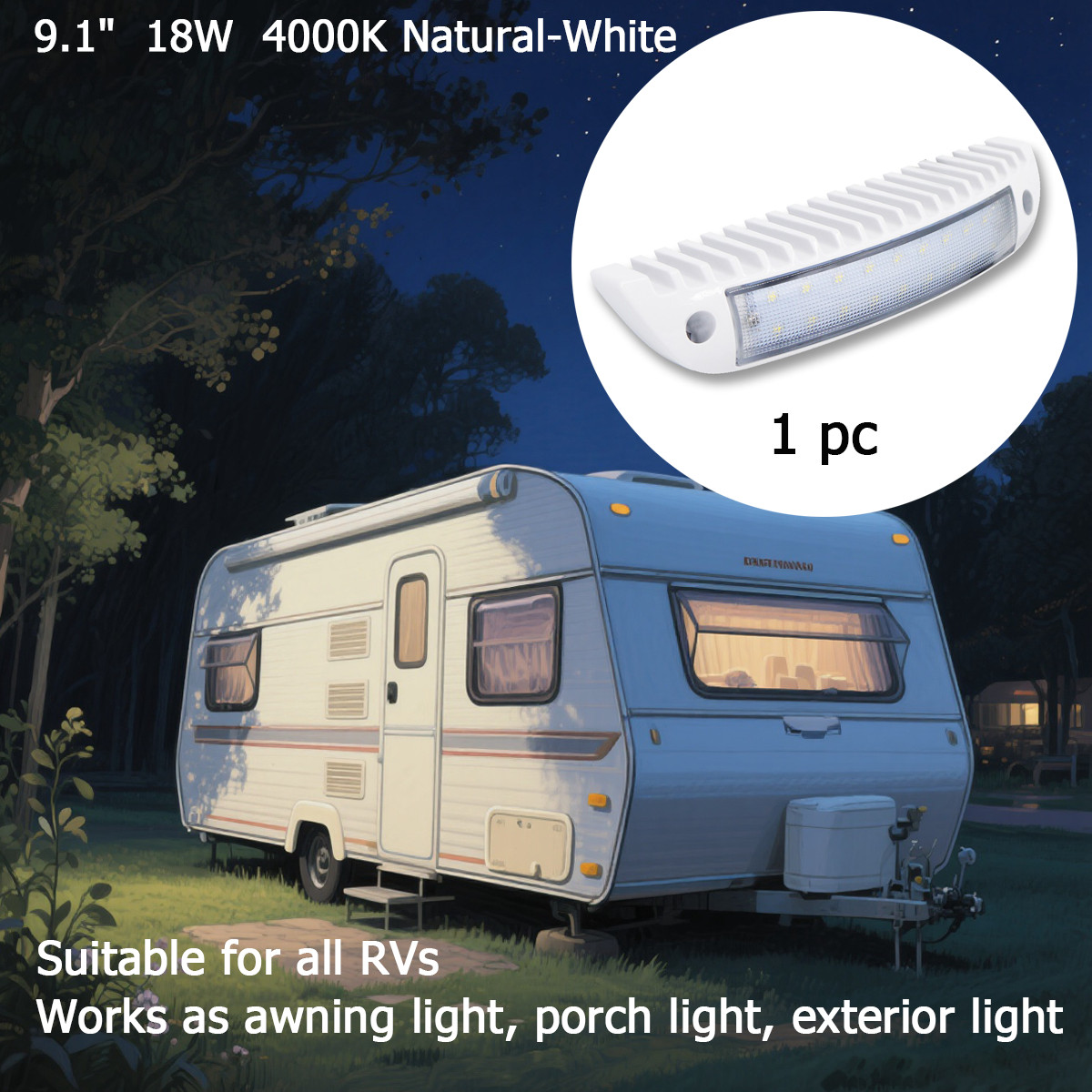 9.1″ LED Awning Light Fixture 4000K Natural-White Flood Beam For RV Camper Boat